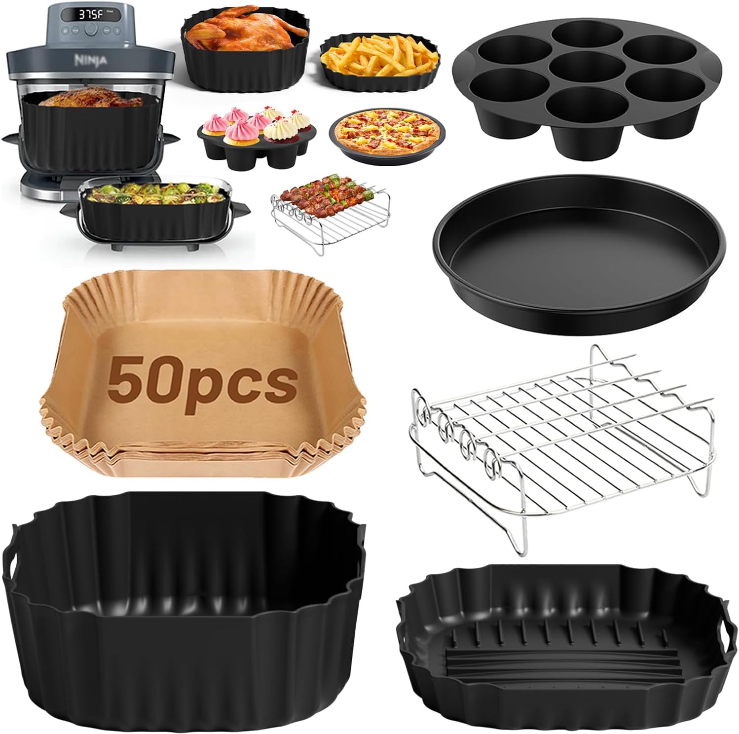 Air Fryer Accessories for Ninja Crispi Pro 6-in-1 Glass Airfryer AS101CY | AS101DG | AS101LG, 6 Piece Ninja Crispi Pro Accessories Silicone Liners, Paper Liners, Grill, Pizza Pan, 7-Hole Muffin Pan
