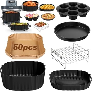 Air Fryer Accessories for Ninja Crispi Pro 6-in-1 Glass Airfryer AS101CY | AS101DG | AS101LG, 6 Piece Ninja Crispi Pro Accessories Silicone Liners, Paper Liners, Grill, Pizza Pan, 7-Hole Muffin Pan