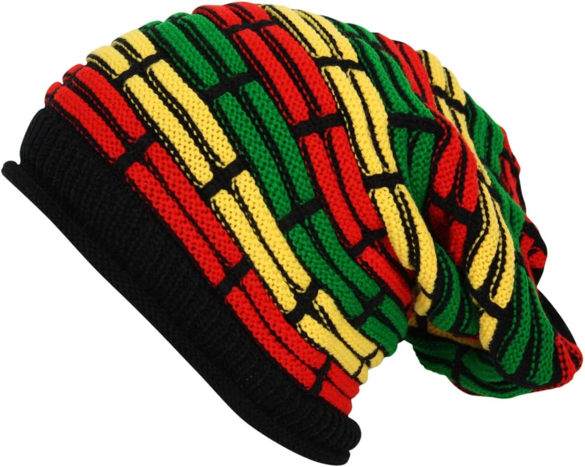 Rasta Oversized Pull On Long Beanie Slouch Hat Bob Marley Mosaic Stripe Black Red Green Yellow