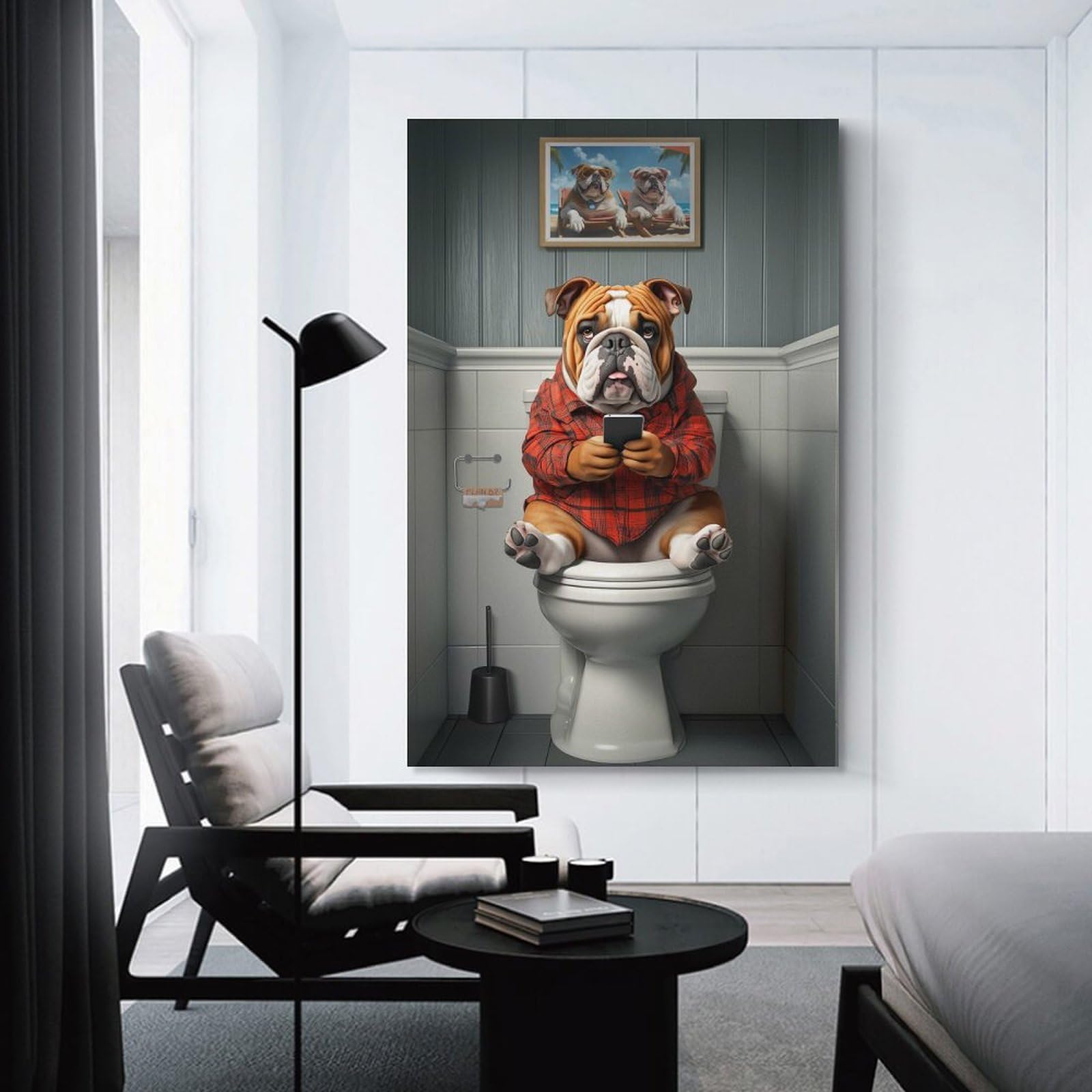 Junmoney Unframe-Style-6 Bulldog On Toilet With Smartphone Decorative Wall Artwork, 24X36inch(60X90cm), For Living Spaces, Bedrooms Or Relaxed Rooms, Modern Wall Decor For Cosy Interiors