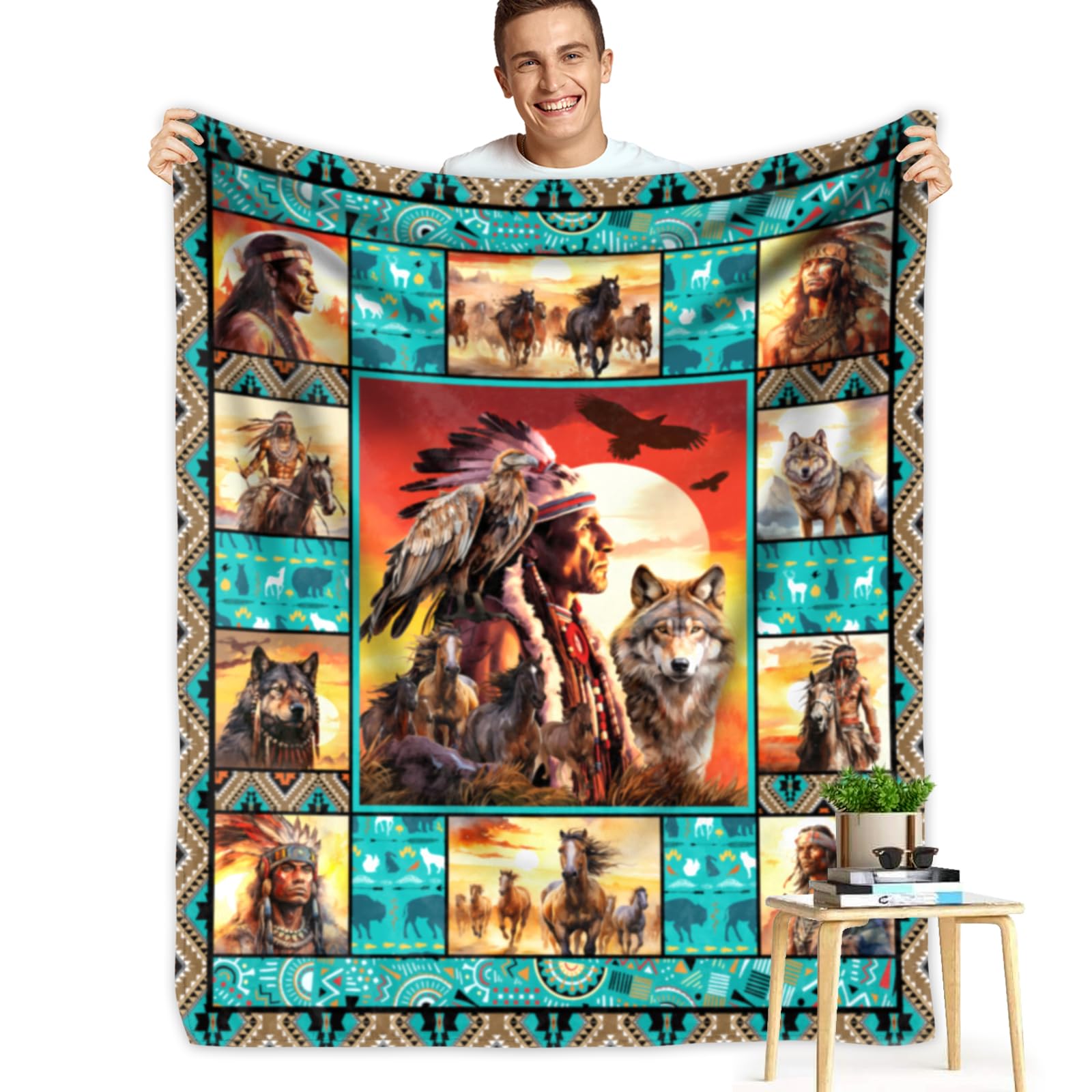 Native American Indian Blankets American Indian Flannel Blanket Southwest Throw Blanket Super Soft Cozy Plush Native American Cacique Blankets for Couch Bed Travelling Camping Gift 50"x60"