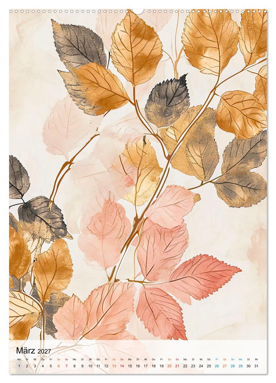 CALVENDO - Blätterwelten - Blattmotive in modernen Pasteltönen (hochwertiger Premium Wandkalender 2027 DIN A2 hoch), Kunstdruck in Hochglanz: Blattadern und Linien - Aquarellkunst von Farnkraut, Ahorn