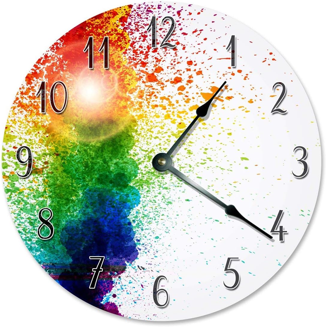 Colorful Paint Rainbow Silent Non Ticking Round Battery Operated Handmade Hanging Large10.5 Inch Wall Clock for Bedroom Office Cottage Decoration