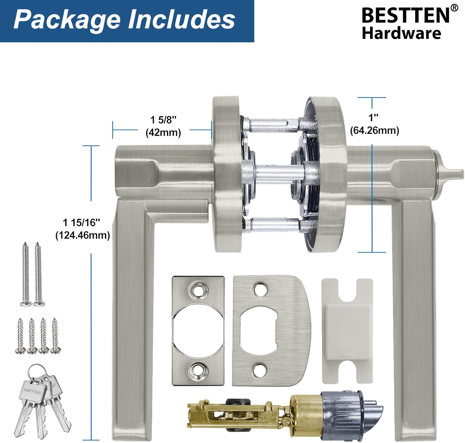 TOP оƒƒERS [10 Pack] BESTTEN Heavy Duty Satin Nickel Entry Door Lever, with Removable Latch Plate, All Metal Keyed Door Handle for Exterior and Interior, for Commercial and Residential, Vienna Series
