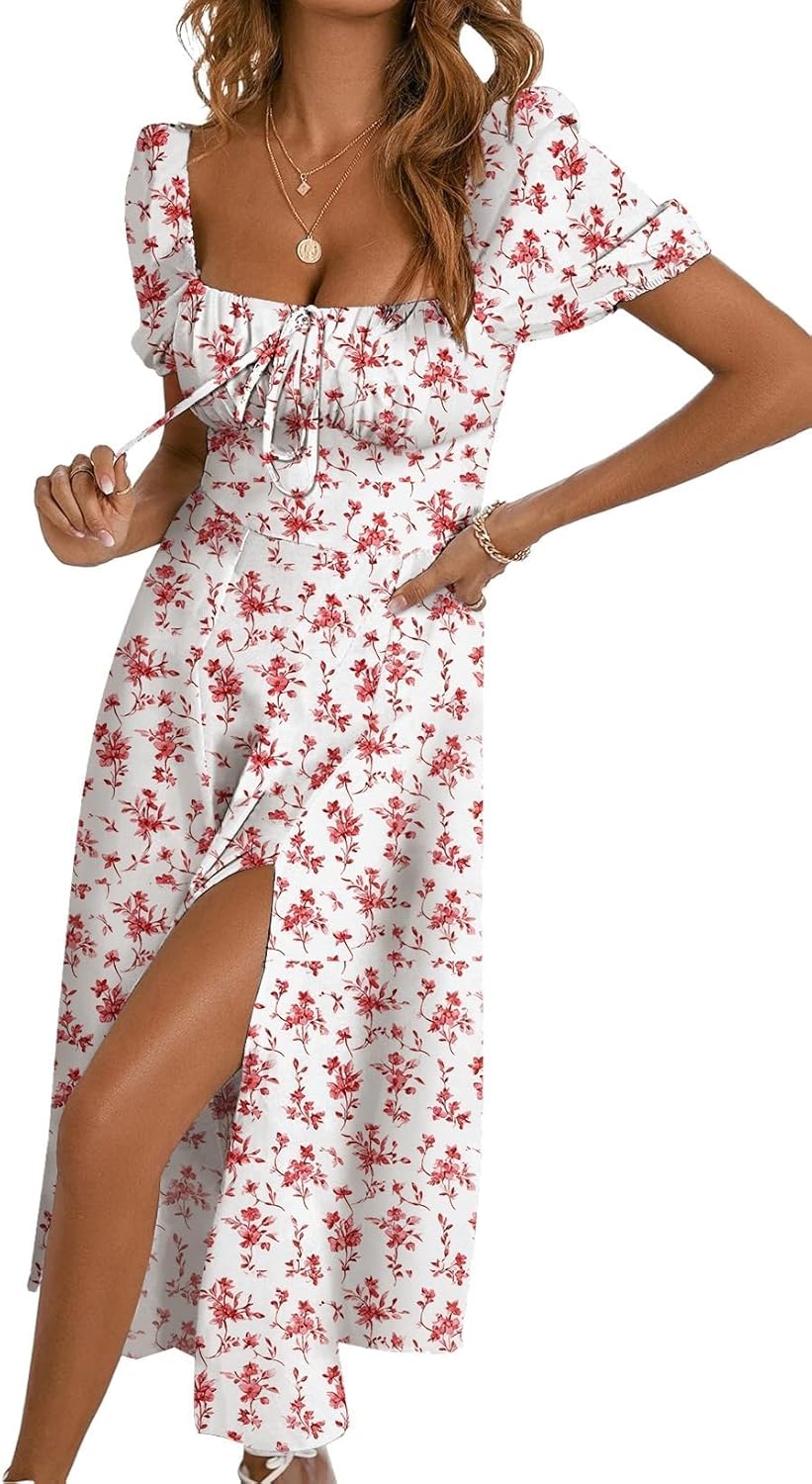 BLENCOT Womens Casual Summer Square Neck Short Sleeve Split Thigh Cotton Dress Boho Floral Print Tie Front Midi Dresses