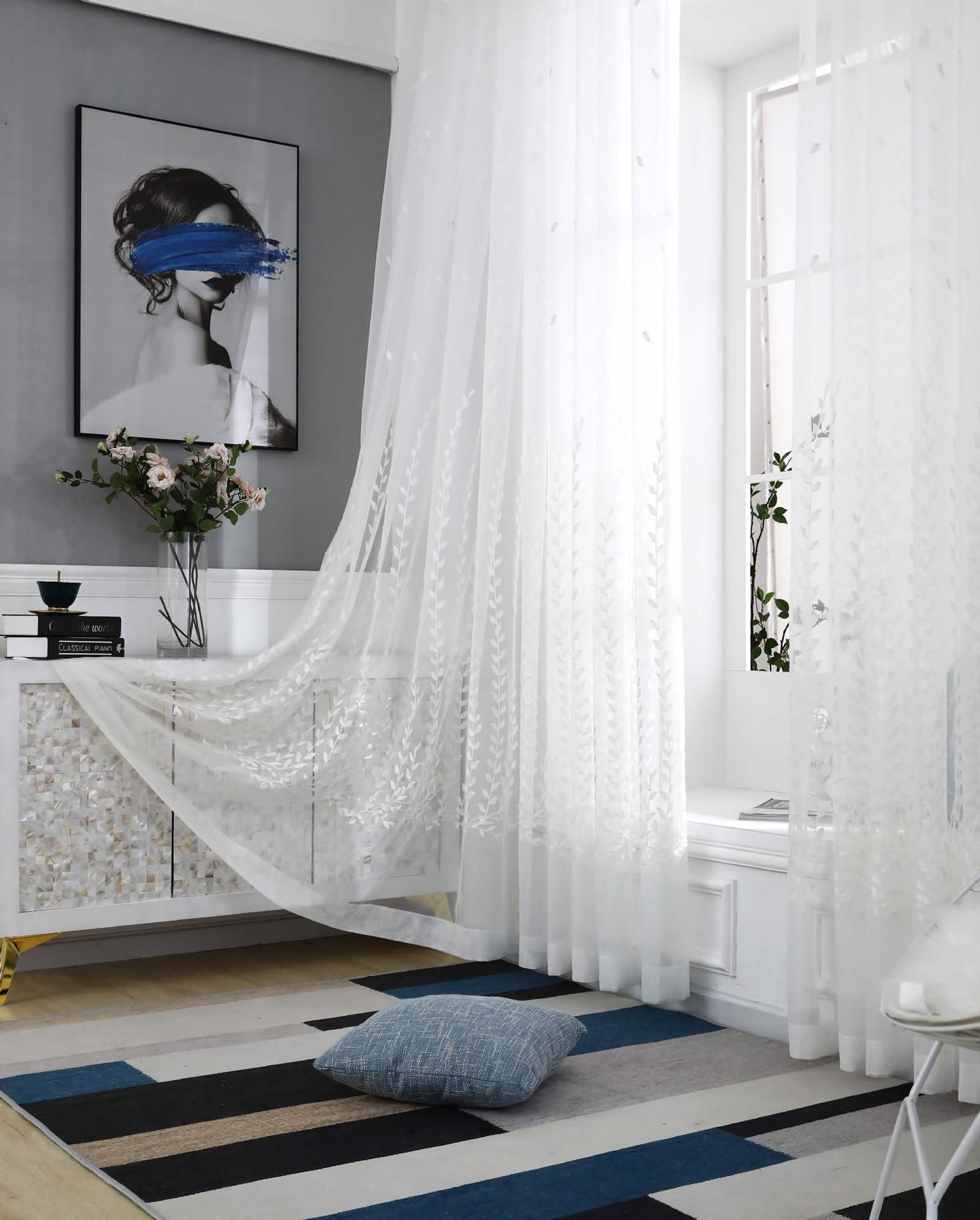 Tenda Salotto Trasparente, 250x270cm Modello a foglia jacquard Tenda decorativa per camera da letto/cucina, Occhiello, Bianco