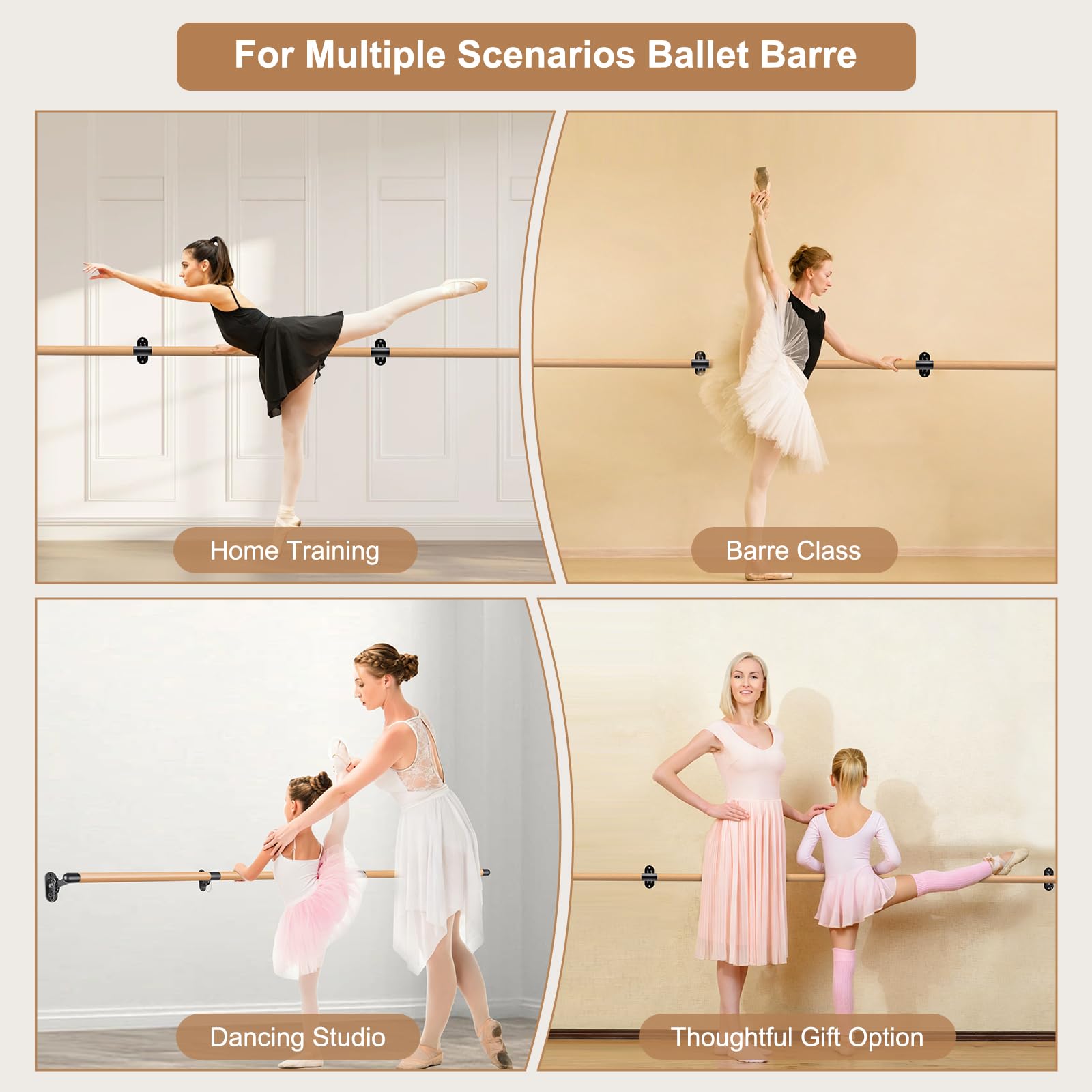 Dolibest Ballettstange Wandmontage, 90-250cm Ballett Stange Holz Kinder Verstellbar Stretching Tanzstange Klappar Erwachsene Zuhause Barre Gym Training Ausrüstung mit Halterung, 4cm Durchmesser