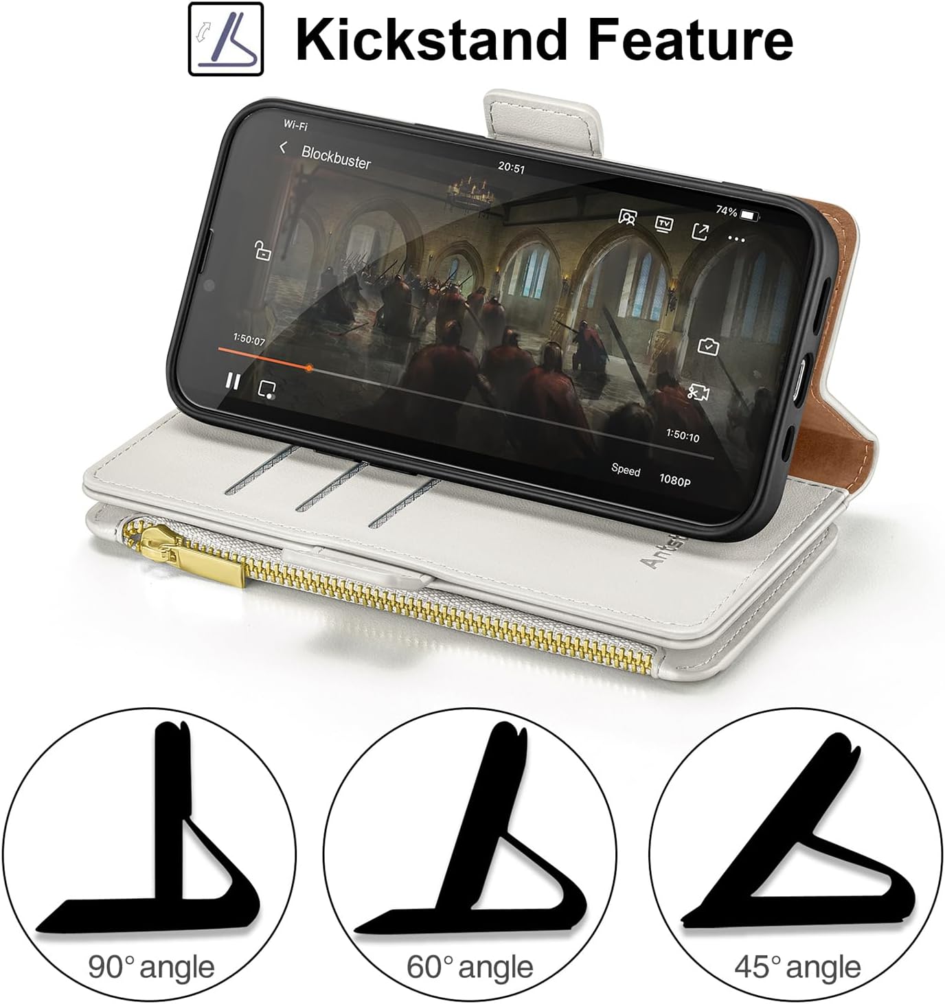 Antsturdy Compatible with Samsung Galaxy S23 FE 5G Case Wallet with Card Holder Women Men Phone Case RFID Blocking PU Leather Flip Protective Cover Wrist Strap Zipper Credit Card Slots,Beige