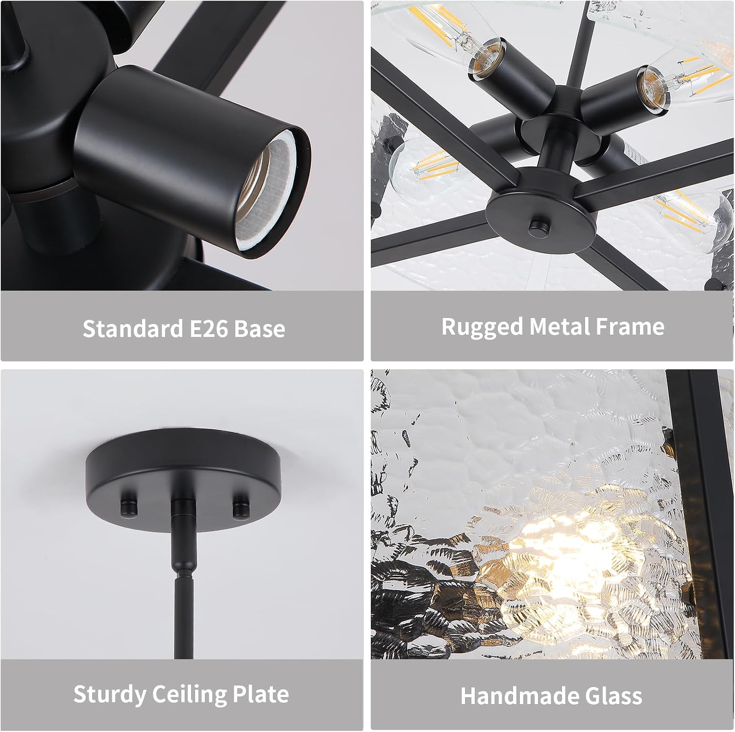 18" Modern Farmhouse Black Glass Chandeliers, 4 Light Drum Chandelier for Dining Room Kitchen Island Pendant Light Fixture for Bedroom Living Room Over Table Hallway Entryway Foyer Bathroom