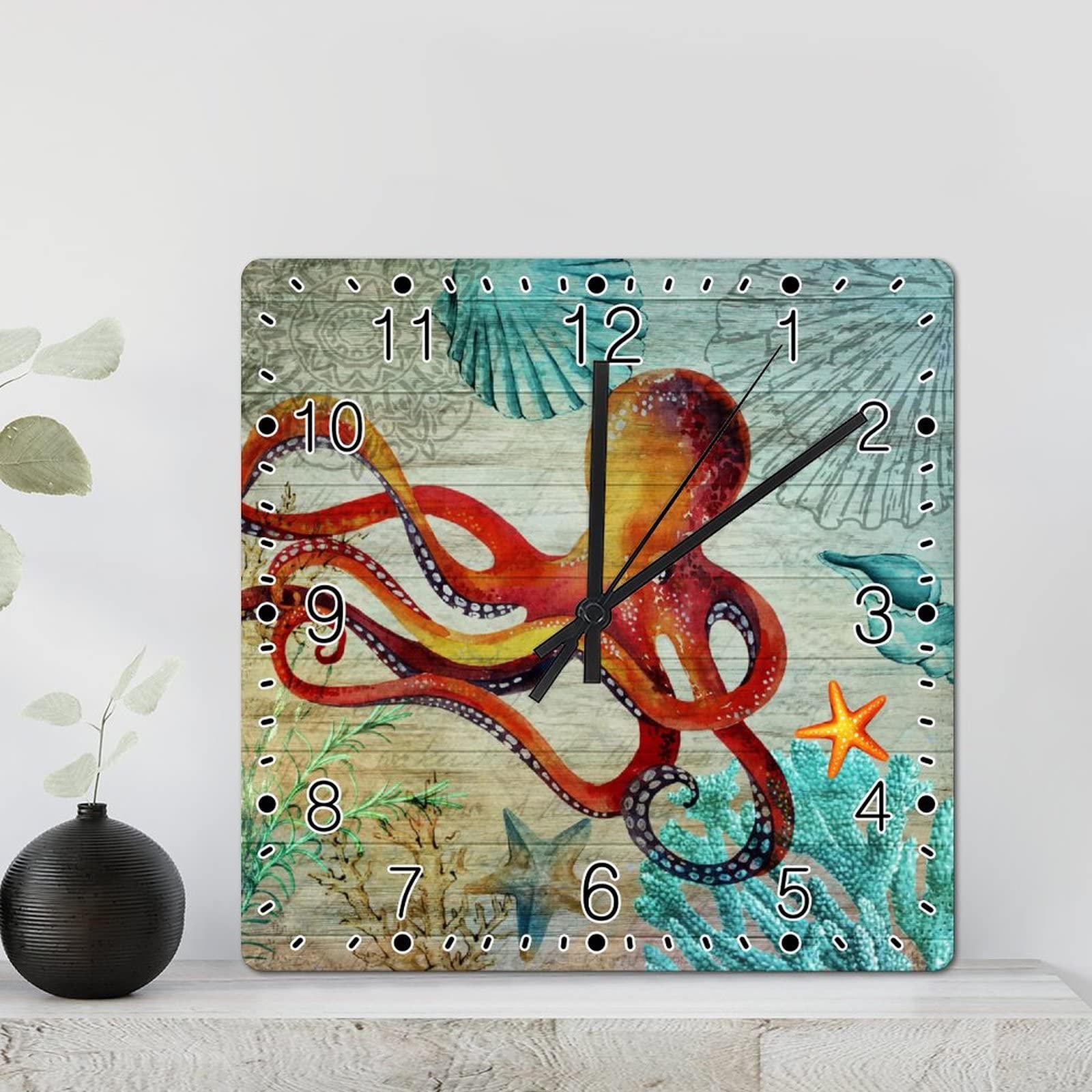 Horloge murale Octopus sans tic-tac pendule carrée été fonctionnement piles