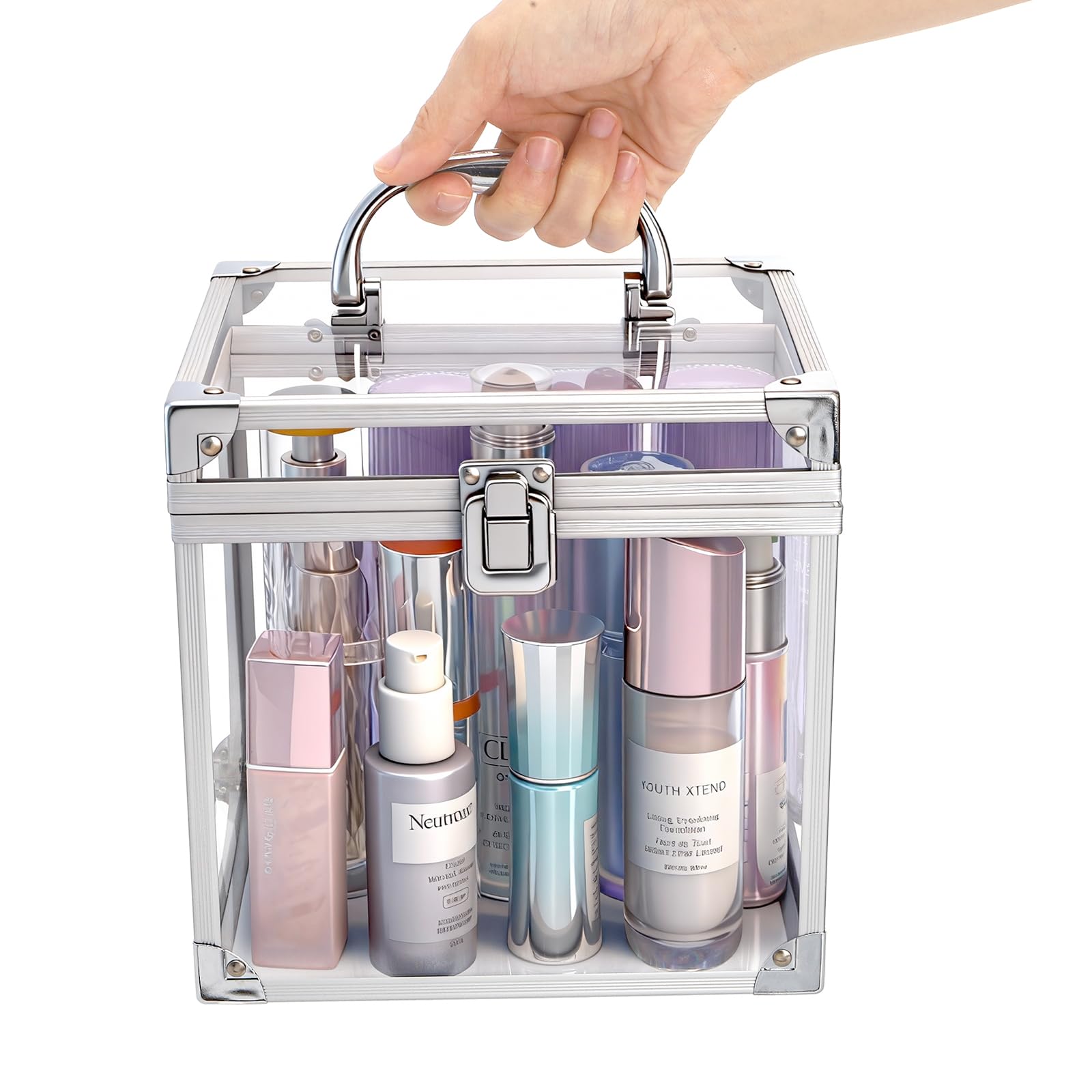 Okllen Transparent Acrylic Crown Box with Portable Handle, Silver