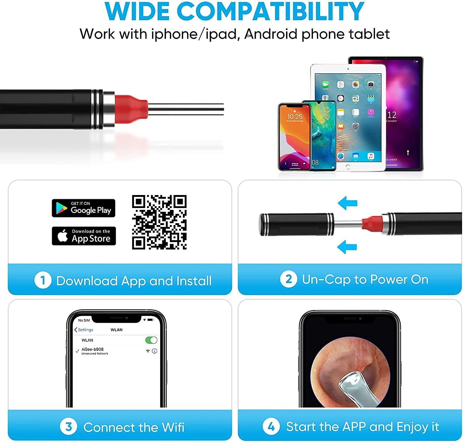 Earwax Removal Tool HD Wireless Otoscope Camera with 6 LED Lights and Ear Spoon 3.9mm Visual Ear Cleaner USB Rechargeable, Compatible with iPhone and Android Systems for Adults/Children : Health & Household