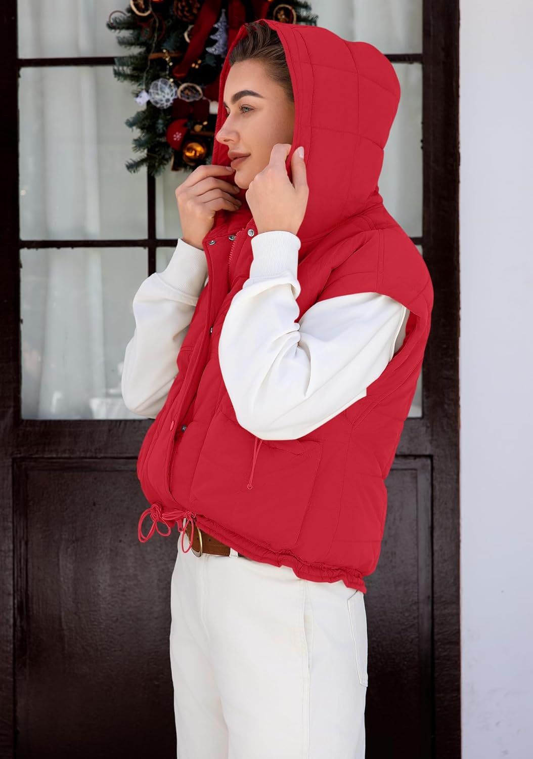 Panadila Womens Puffer Vest Oversized Sleeveless Quilted Jacket Zip Up Shacket with Hood Fall Winter Poncho Tops - Image 6