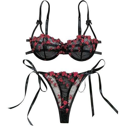 Lilosy Sexy Tie Side Cute Underwire Push Up Strappy Embroidered Mesh Sheer Lingerie Set