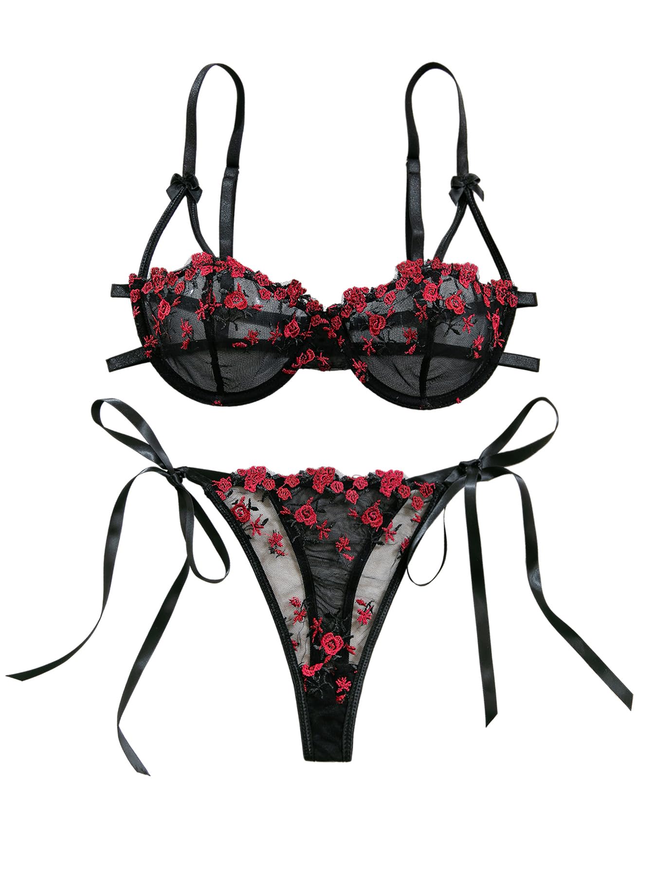Lilosy Sexy Tie Side Cute Underwire Push Up Strappy Embroidered Mesh Sheer Lingerie Set: Small Bow Floral Black Red