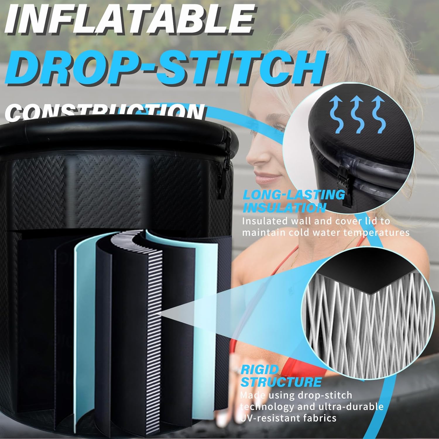 Inflatable Ice Bath Tub for Athletes - Cold Plunge Tub Compatible Water Chiller, Insulated Lid, EVA Groundsheet, Backpack, 187 Gallon, 39" L x 39" W x 35.4" H