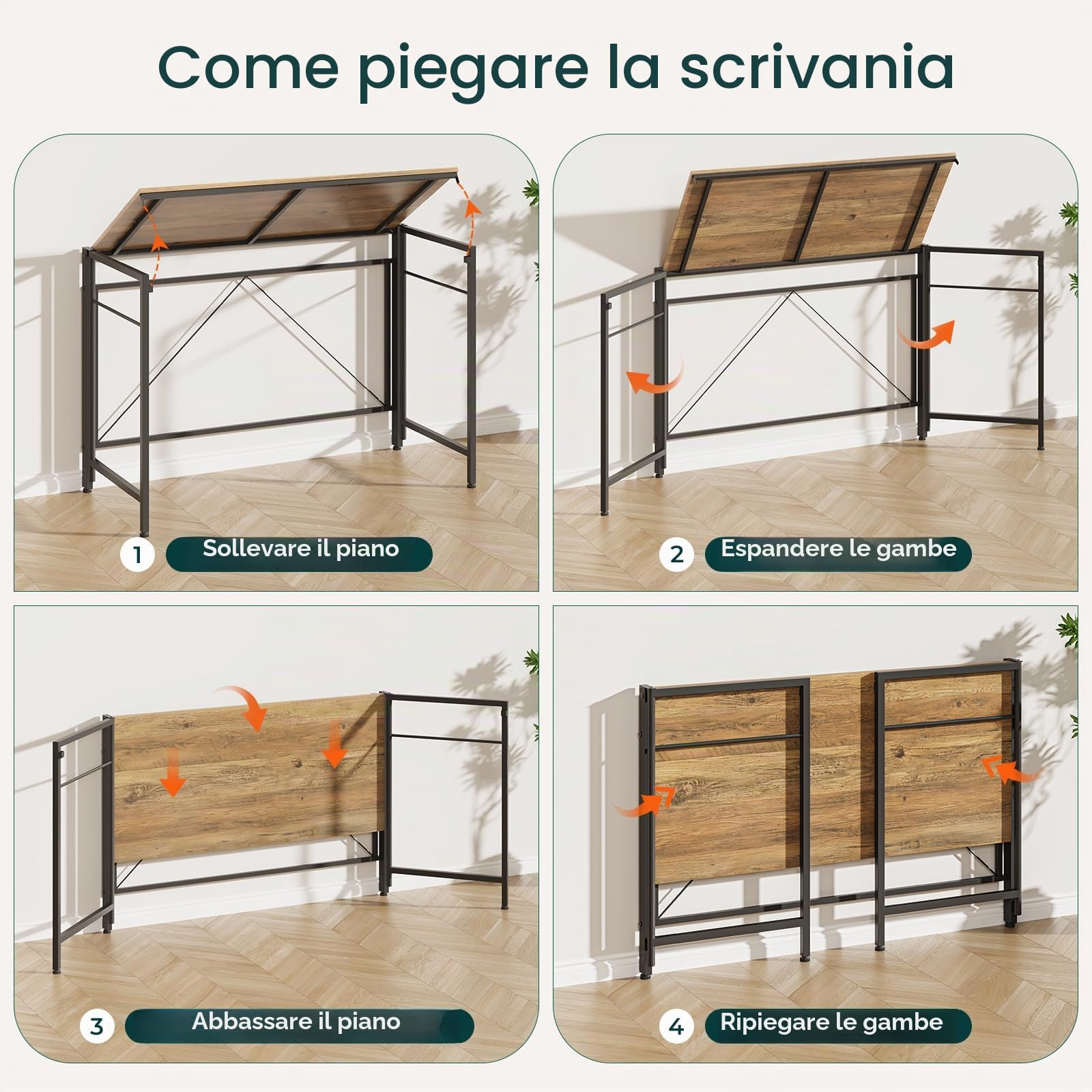 Dripex Scrivania pieghevole XXL, 110 x 50 cm, pieghevole, con struttura in acciaio, salvaspazio, impermeabile, per casa, ufficio, studio (Oak)