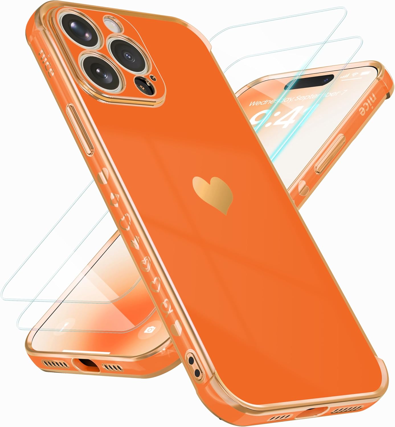 Compatible with iPhone 14 Pro 6.1", Phone Case Small Love Heart with Screen Protector, Luxury Plating Cute Phone Cases Soft TPU Pattern Print Design Shockproof Protection Cover for Women Girls, Orange