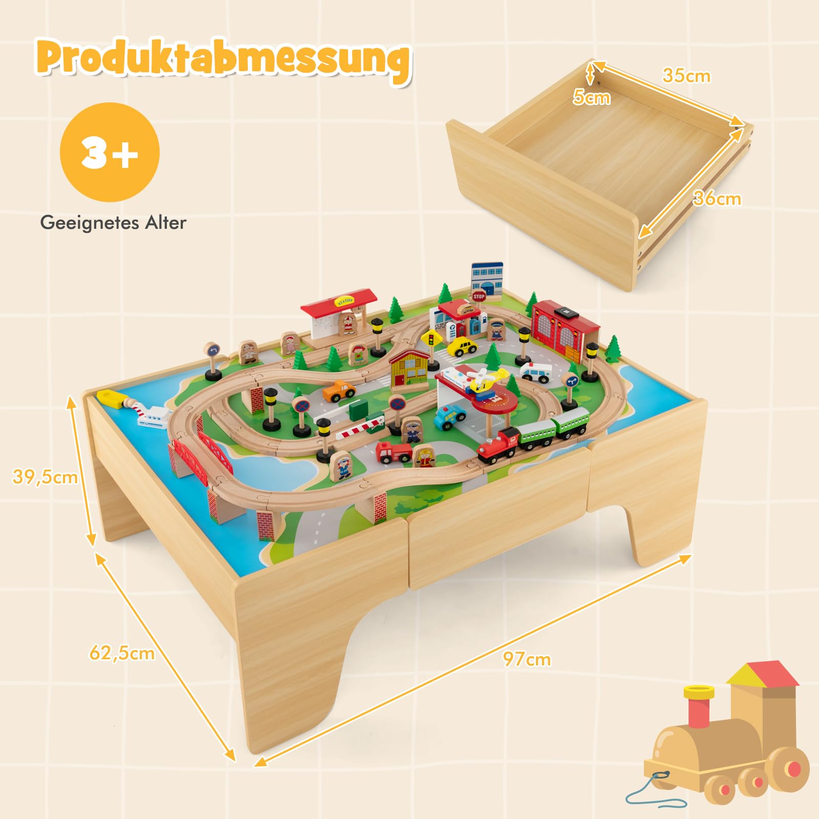 GOPLUS Spieltisch mit 84 Spielzeugteile, Kinder Eisenbahn Set mit Schublade & Umkehrbare Arbeitsfläche, Kinderaktivitätstisch zum Spielen, Bauen & Basteln für Kinder ab 3 Jahren