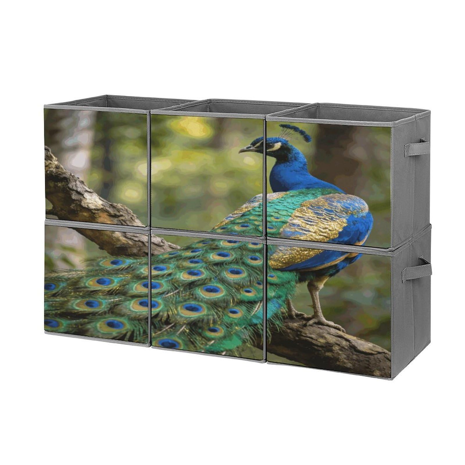 Fodpand Style Colorful Peacock On A Tree Branch Cube Bins With Double Handles,Set Of 6 Cube Organizer, Stackable And Foldable Storage Bins For Organization, Closet, Shelves, Offices