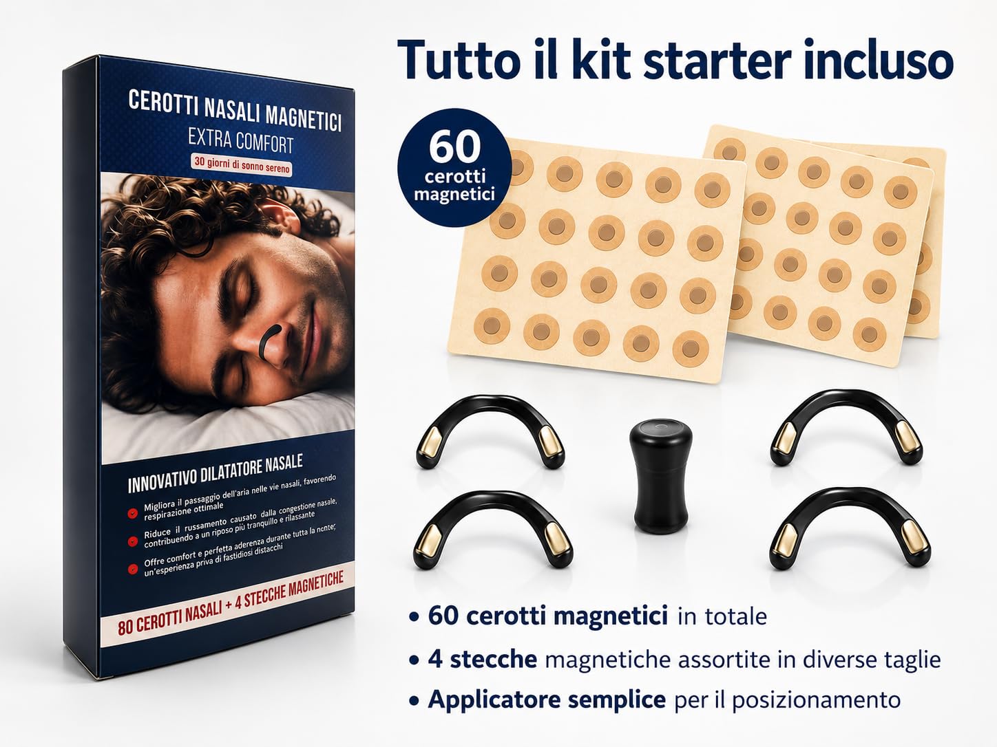 Dilatatore Nasale Magnetico – 60 Cerotti Nasali Magnetici Antirussamento - Divaricatore Nasale con Stecche Riutilizzabili e Applicatore di Precisione – Comfort, Respirazione Libera e Sonno Profondo