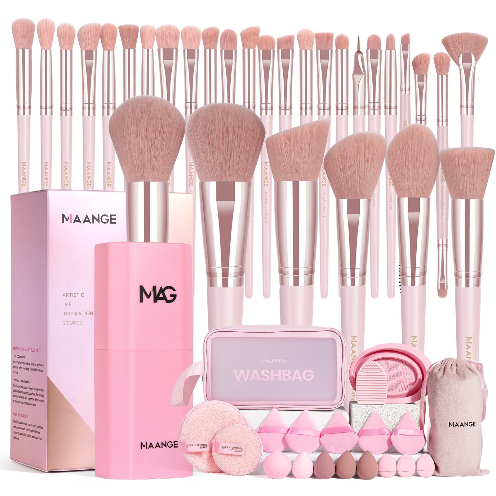 MAANGE Lot de 51 pinceaux de maquillage professionnels pour fond de teint, poudre, anti-cernes, fard à paupières, blush, pinceau de voyage (rose)