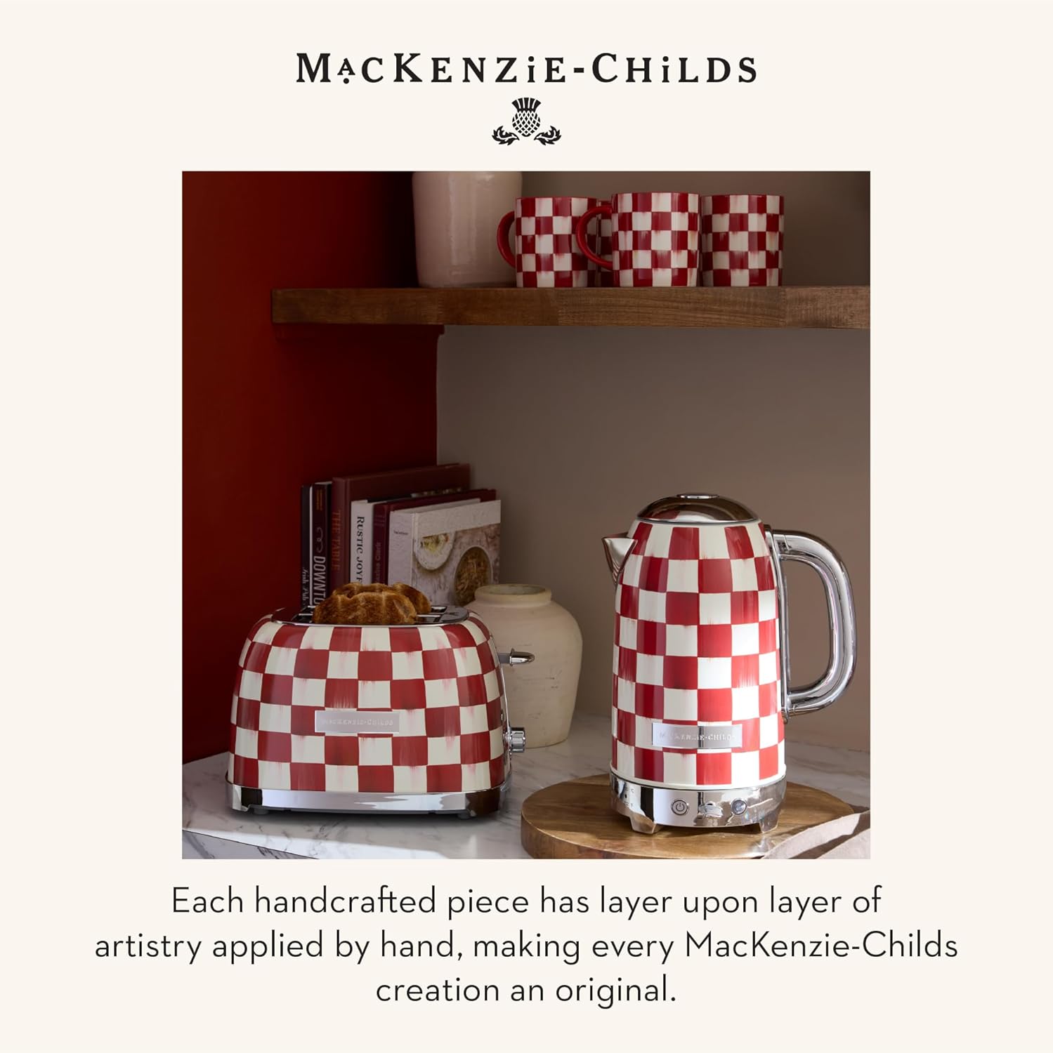 MACKENZIE-CHILDS Set of 4 Stoneware Mugs, Cute Tea and Coffee Mugs, 11 Ounces, Red-and-White Cherry Check