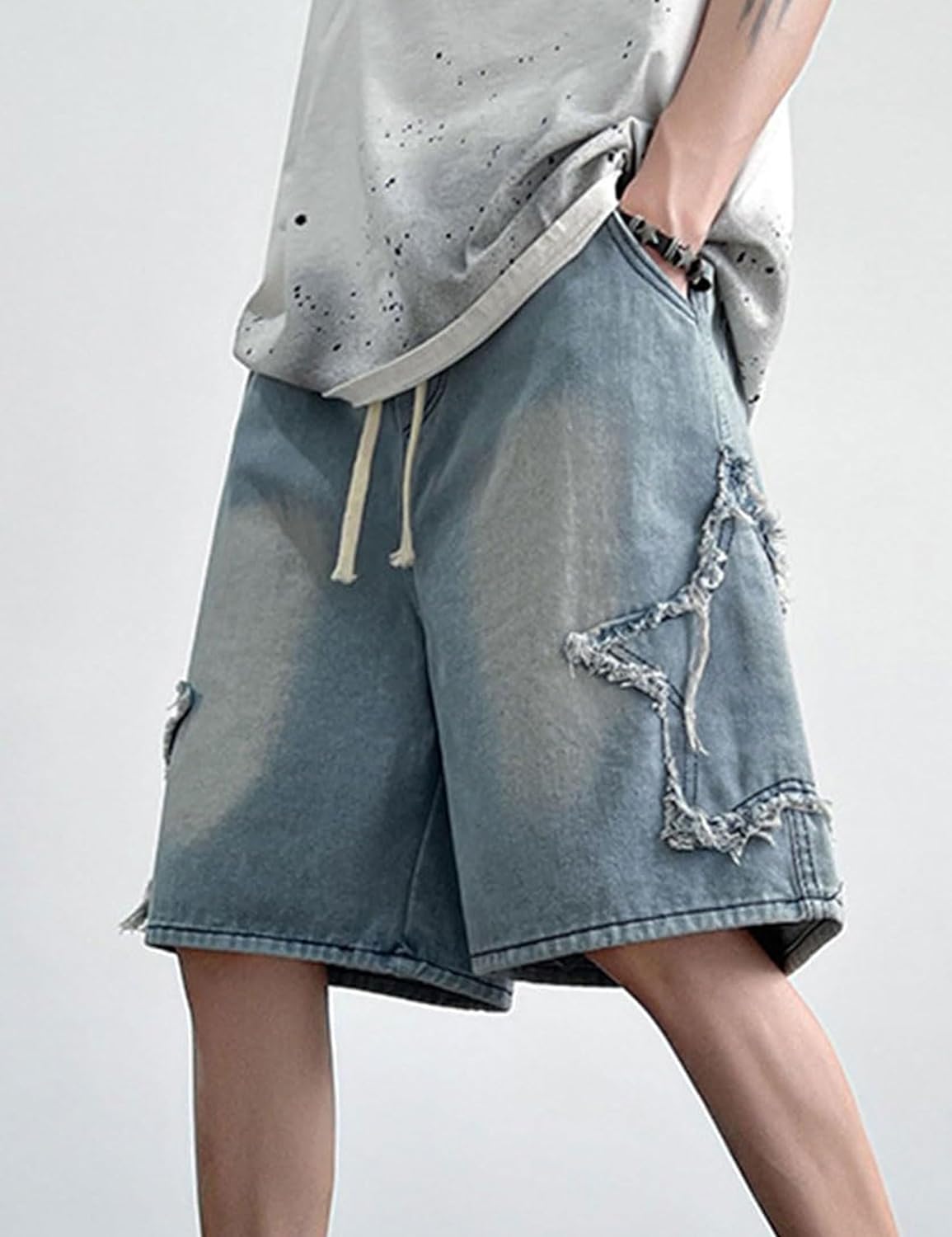 FCOOLYEET Men's Baggy Jeans Shorts Y2k Star Patchwork Denim Shorts Wide Leg Loose Hip-hop Jorts Y2k - Image 2