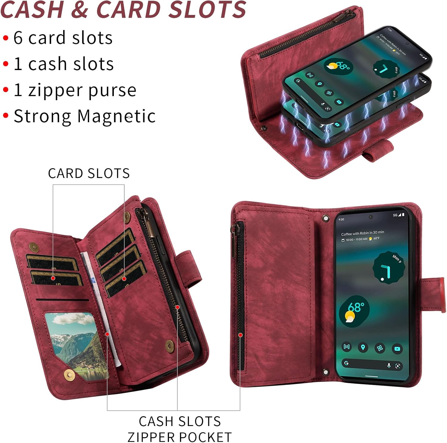 Asuwish Phone Case for Google Pixel 6A 5G 2022 Zipper Wallet Magnetic Cell Cover with Tempered Glass Screen Protector Crossbody Wrist Strap Flip Credit Card Holder Purse Pixel6A A6 Women Girls Red
