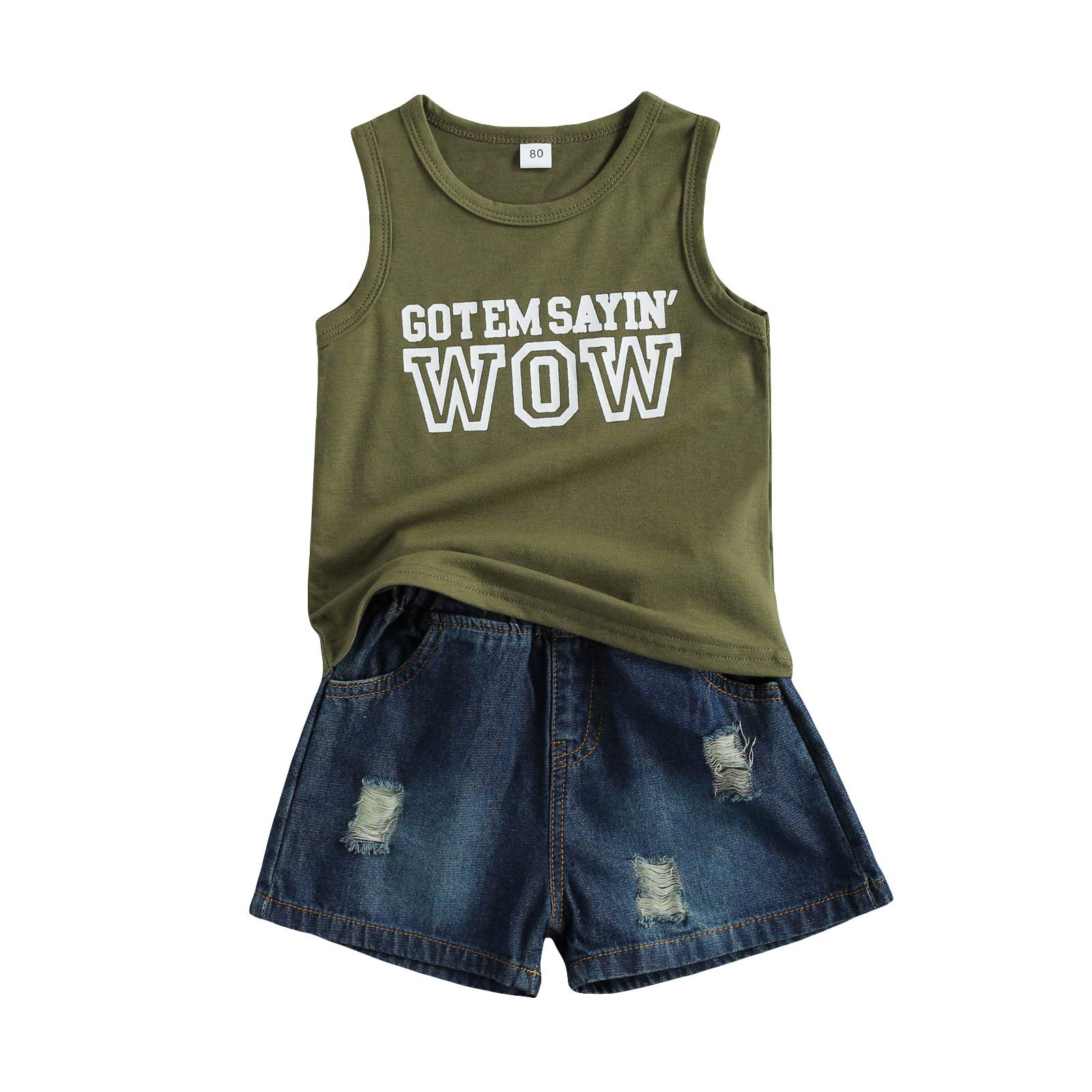 Toddler Baby Boys Summer Clothes Kids Denim Outfits Letter Sleeveless T-Shirt Tank Top Vest & Ripped Jeans Shorts Set (02-Green(Wow),5-6 Years)