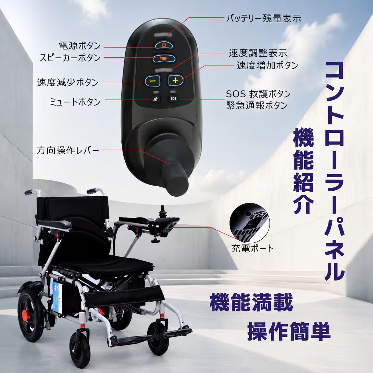 Amazon | 電動車椅子、折りたたみ式、24V 13Ahリチウム電池搭載