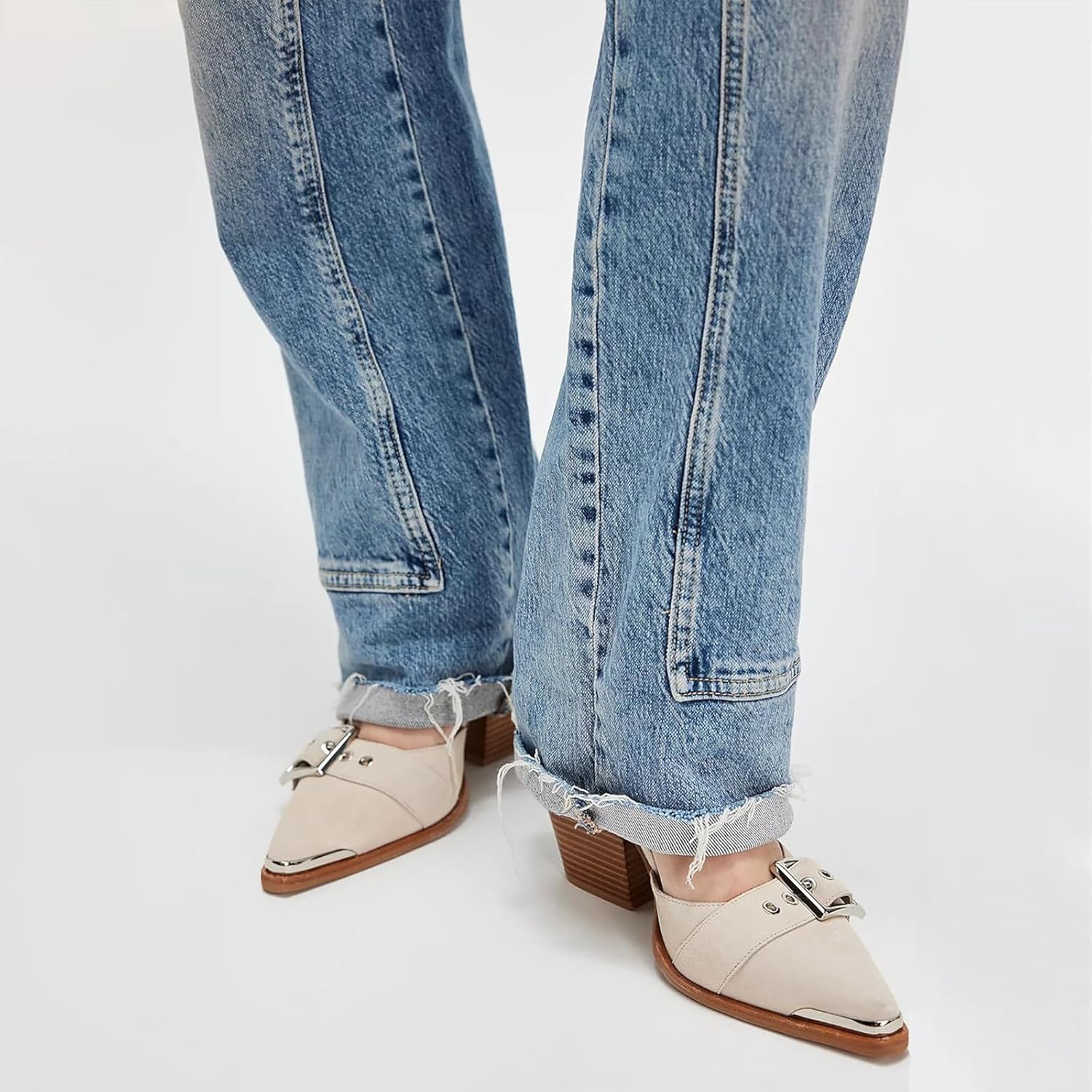 MAVMAX Strappy Heels Western Sandals for Women Chunky Heel Pumps Thick Closed Pointed Toe Heels Metal Buckle Strappy Shoes - Image 5