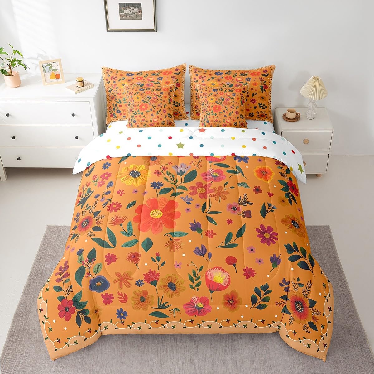 Boho Floral Comforter Set 7 Piece Bed in a Bag Twin,Rainbow Flowers Bedding Set Watercolor Botanical Sheet Set with Comforter,Garden Plant Leaves Bohemian Tree Branch Leaf Kawaii Bed Set,Orange