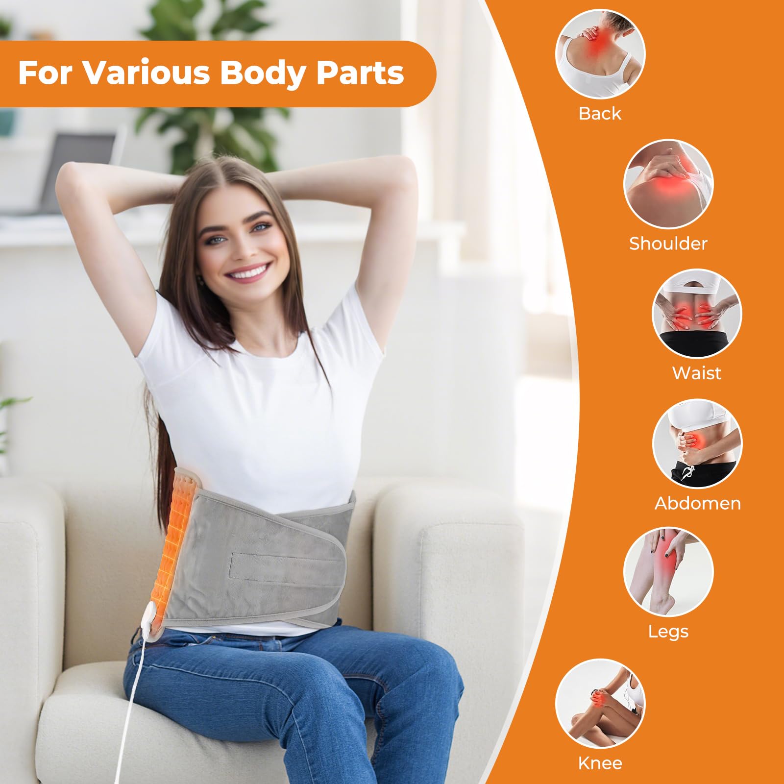 Souvik Termoforo Elettrico Lombare, Rapido Cuscino Termico Elettrico Per Schiena Spalle Addome, con 9 livelli di temperatura, 4 timer, lavabile in lavatrice per donne e uomini, 125 x 30 cm