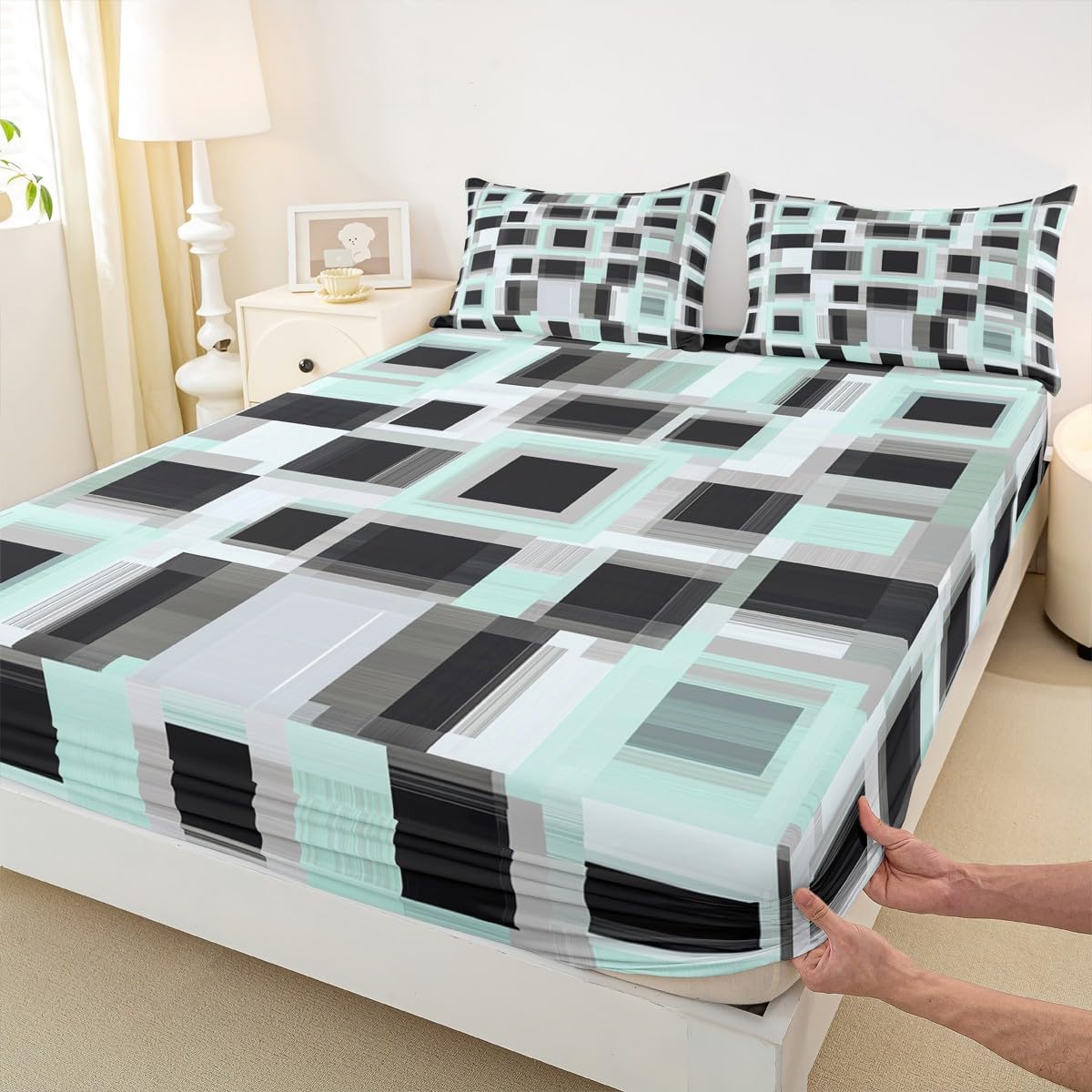 Abstract Fitted Sheet Black and Green Full Size Bed Sheets - Modern Ombre Art Geometric Vintage Aesthetic Boho Geometric Bedding Set