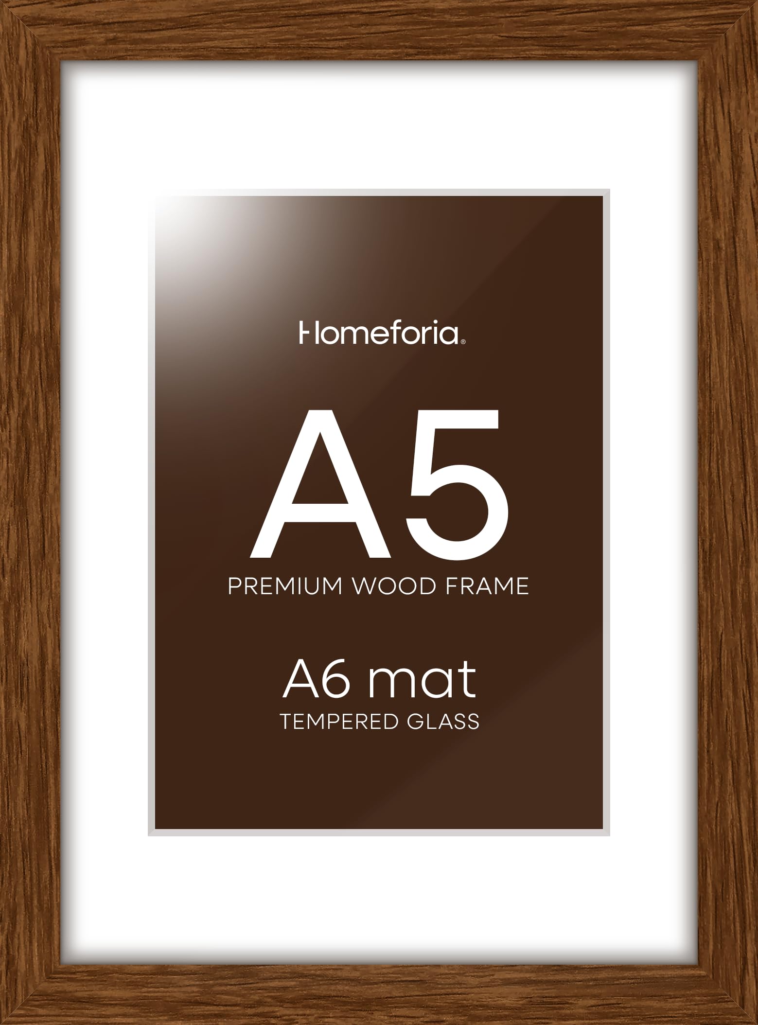 Homeforia A5 Brown Oak Picture Frame, High-End Wood, A6 Mat, Glass | High End Solid Oak Wood, Tempered Glass, Acid-Free A6 Removable Mat, A5 Edge-to-Edge Display, Wall Kit, Set Of 1