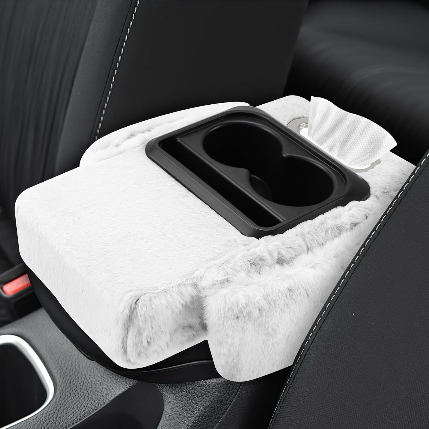 wuyaoyao Car Center Console Armrest Pillow, 13.78"×7.87"×2.76" Soft Plush Arm Rest Cover for Cars, 5-in-1 Warm Fluffy Auto Armrest Cushion Pad w/Pocket, Tissue Box, Cup Holder (Pink)