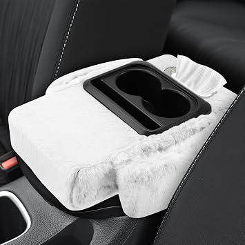 wuyaoyao Car Center Console Armrest Pillow, 13.78"7.87"2.76" Soft Plush Arm Rest Cover for Cars, 5-in-1 Warm Fluffy Auto Armrest Cushion Pad w/Pocket, Tissue Box, Cup Holder White