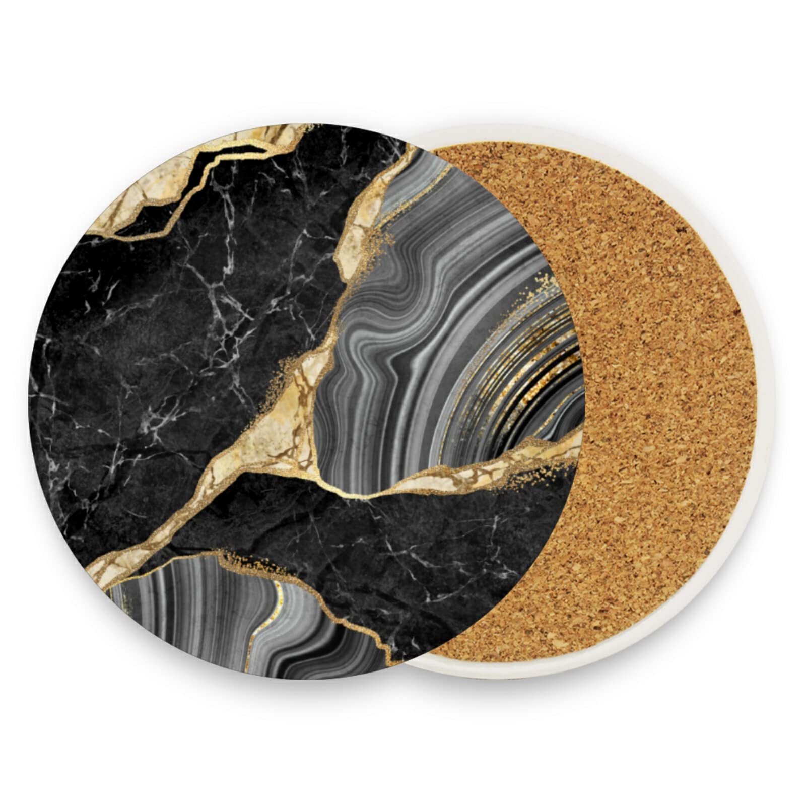 Black Gold Grey Marble Stone Marbled Texture Mosaic with Golden Veins 4 PCs Ceramic Mug Coaster for Drinks, Stone Coasters Holder with Cork Base, Oversize Cup Mat Pad for All Mugs, Housewarming Gift