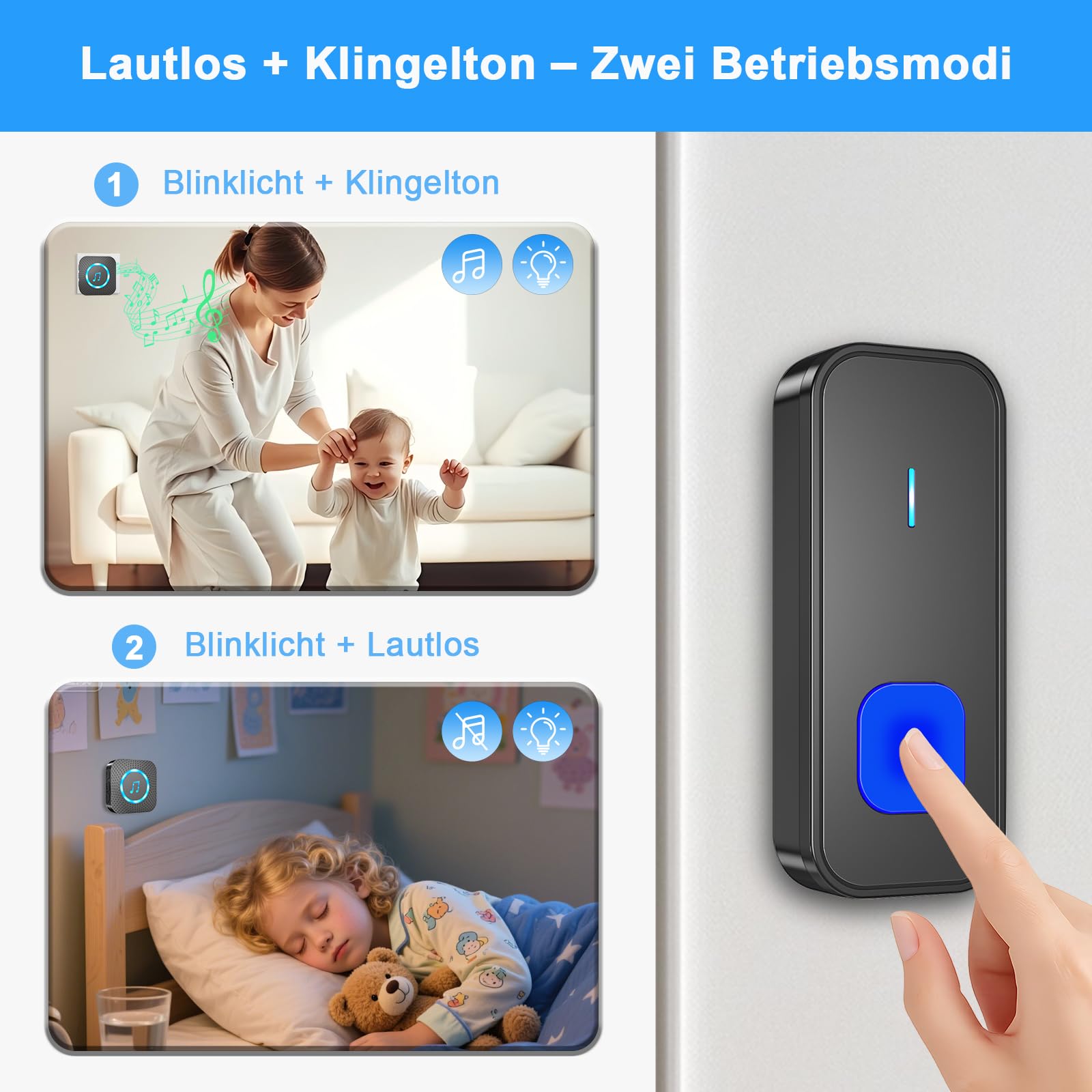 AIMAX Funkklingel mit 2 Sender und 3 Empfänger,klingel Haustür kit,400m Hohe Reichweite, IP55 Wasserdicht, 55 Klingeltöne, 5 Lautstärkestufen Mit LED-Blitz,kabellose Installation,Schwarz