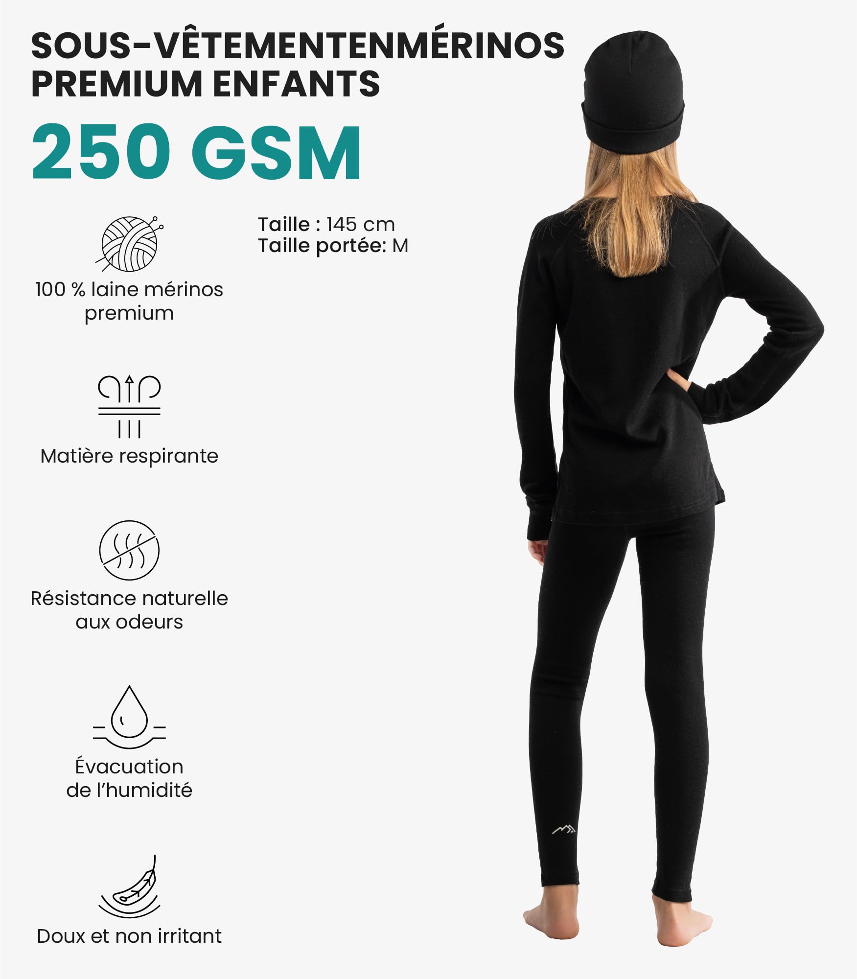 Merino.Tech sous Vetement Merinos Enfant - Moyen Ensemble Thermique Enfant Laine Merinos Pull, ​​Pantalon et Bonnet