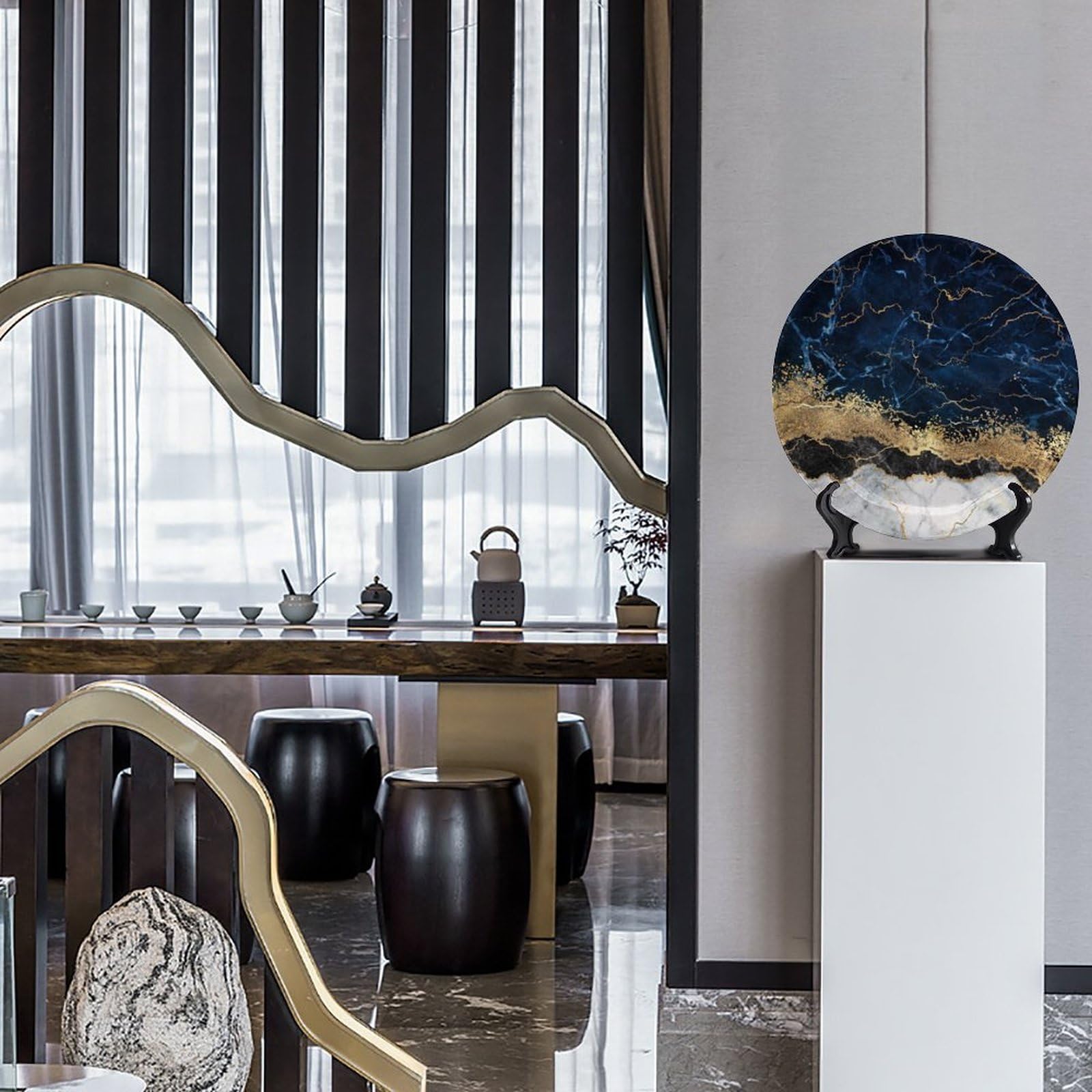 Dekorative Keramikteller, 20,3 cm, abstrakter weißer blauer Marmorhintergrund, runde Displayplatte, Tischplatte, Dekoration mit Ständer, für Wandbehang, Wohnzimmer, Badezimmer, Dekoration,