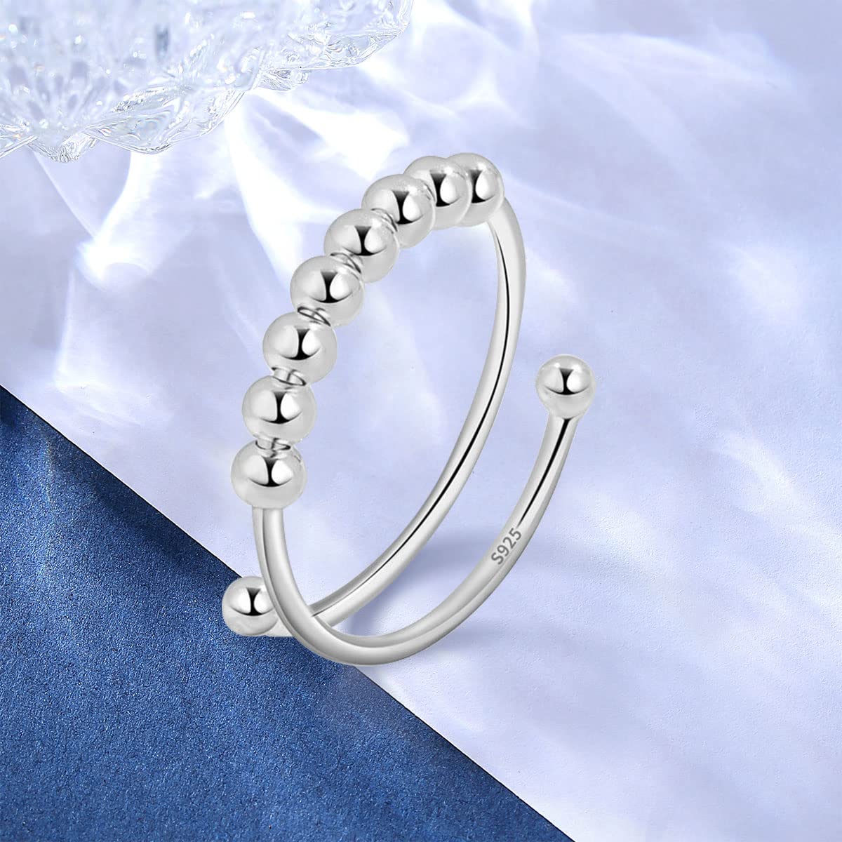 EUDORA Harmony Ball Anello Anti-Stress Anelli in Argento Sterling 925 con Perline Anelli Fidget Regolabili da Donna Anelli Anti Ansia Impilabili Anello per Ragazze Anelli Spinner da Donna
