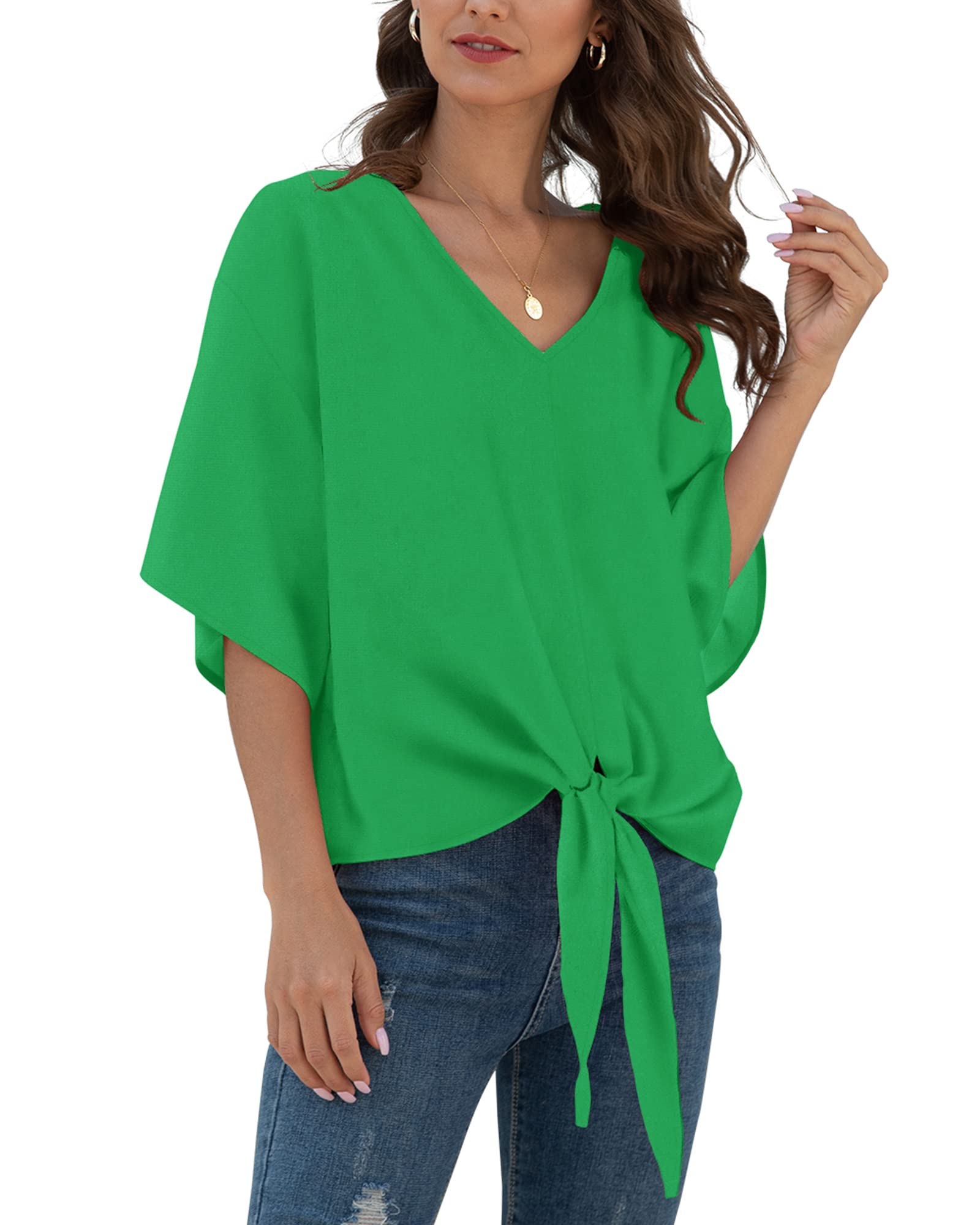 VIISHOW Womens Tie Front Chiffon Blouses V Neck Batwing Short Sleeve Summer Tops Shirts