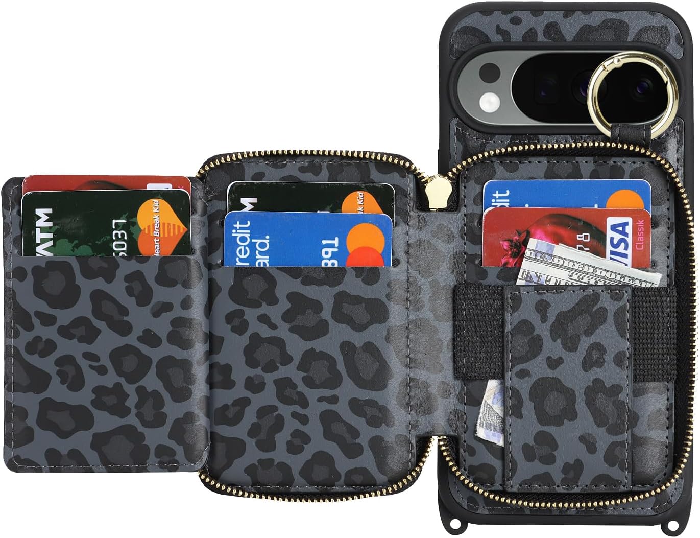 Crossbody Wallet Case for Pixel 10 Pro XL, PU Leather Zipper Handbag Purse Flip Cover, Kickstand Folio Case with Card Slots Holder Wrist Strap Lanyard -Black Leopard