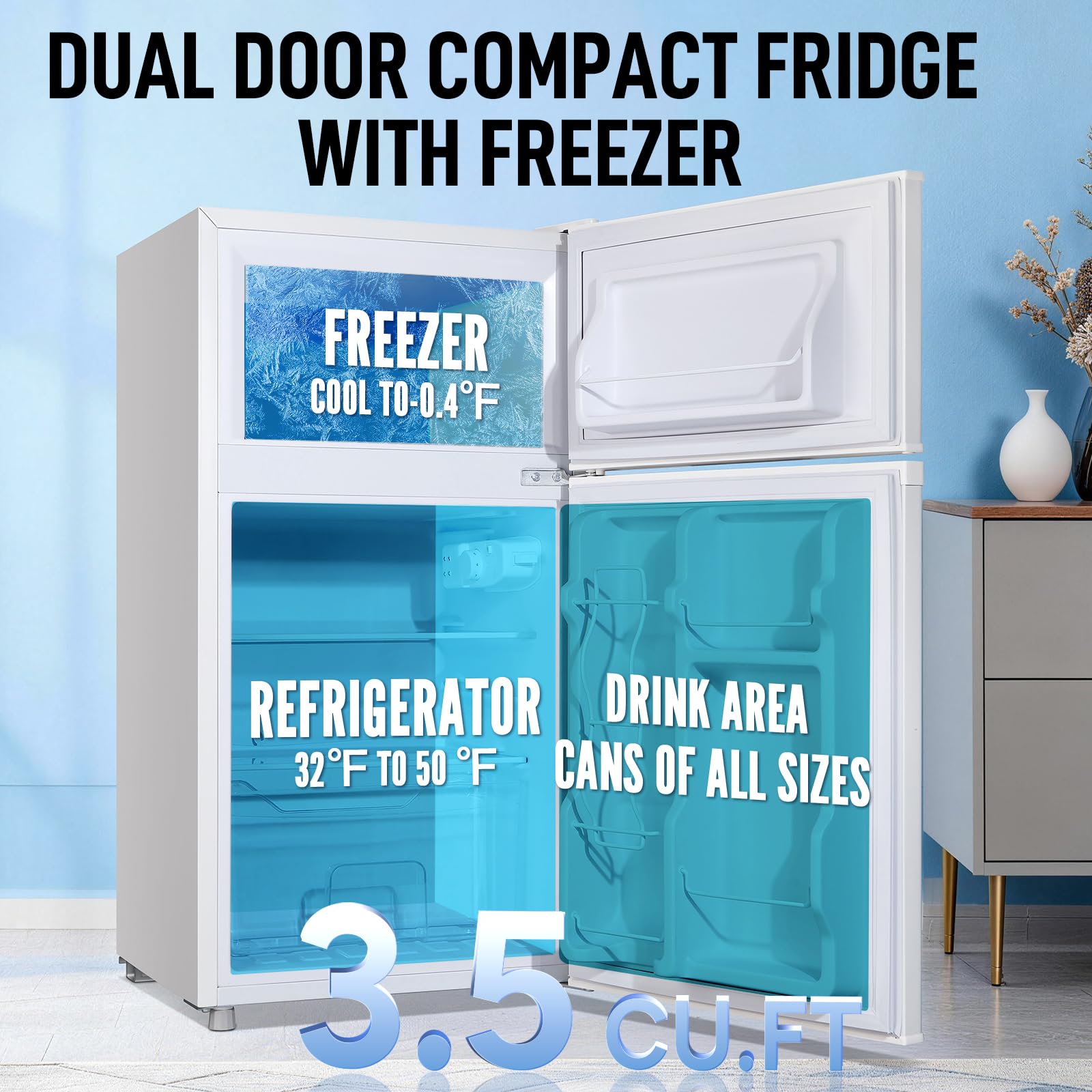 WANAI Mini Fridge With Freezer, 3.5 Cu.Ft Small Refrigerator With 2 Door & 7 Gear Mechanical Control & Side Bottle Rack, LED Light, Ideal For Dorm, Kitchen, Apartment, Office, White on Fridge.com - View 2