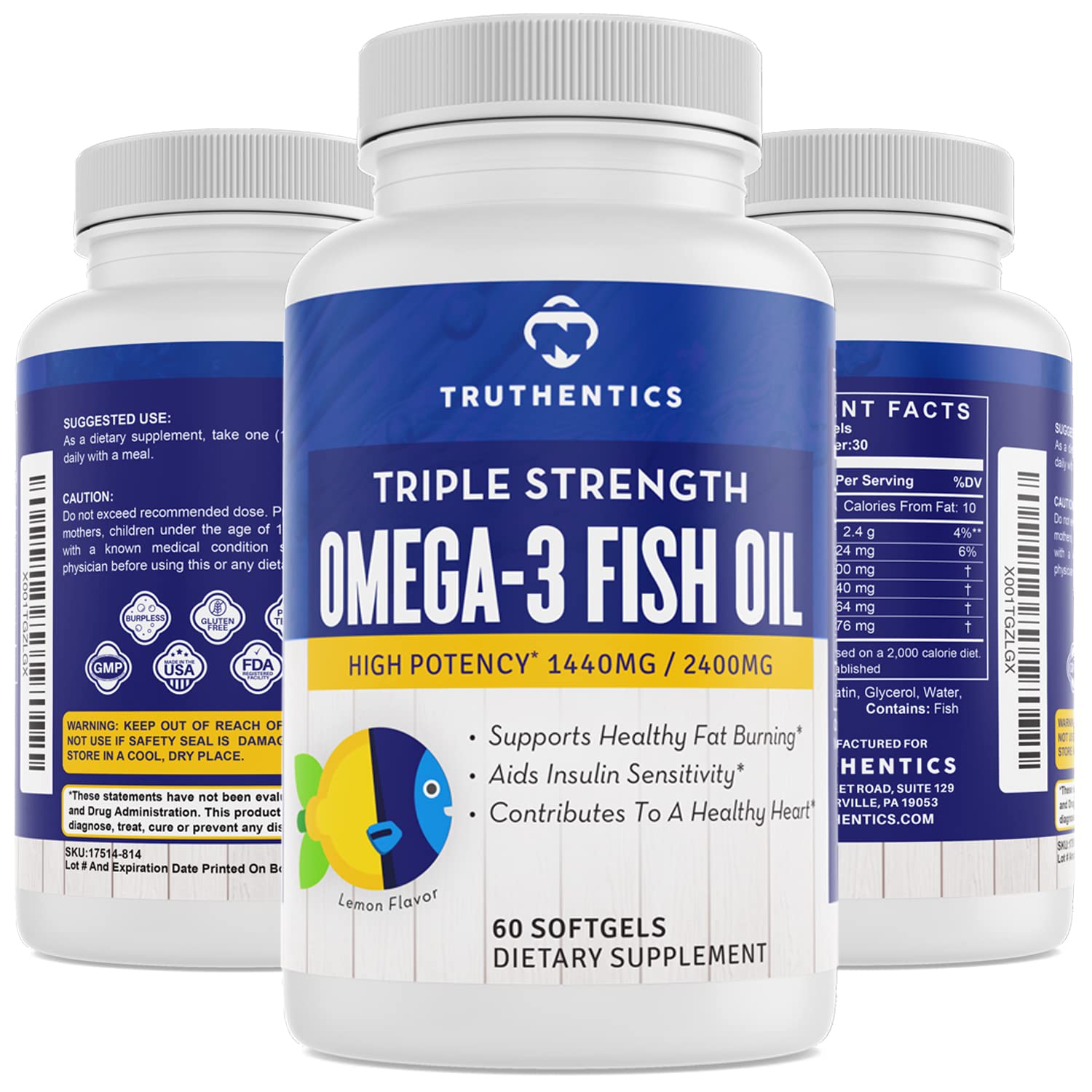 Amazon.com: TRUTHENTICS Omega 3 Fish Oil Supplement - Triple Strength 2400  mg High EPA \u0026 DHA Omega-3 Fatty Acids - Burpless Non-GMO Lemon Flavor - 60  Softgels - Natural Brain, Heart, Joints,