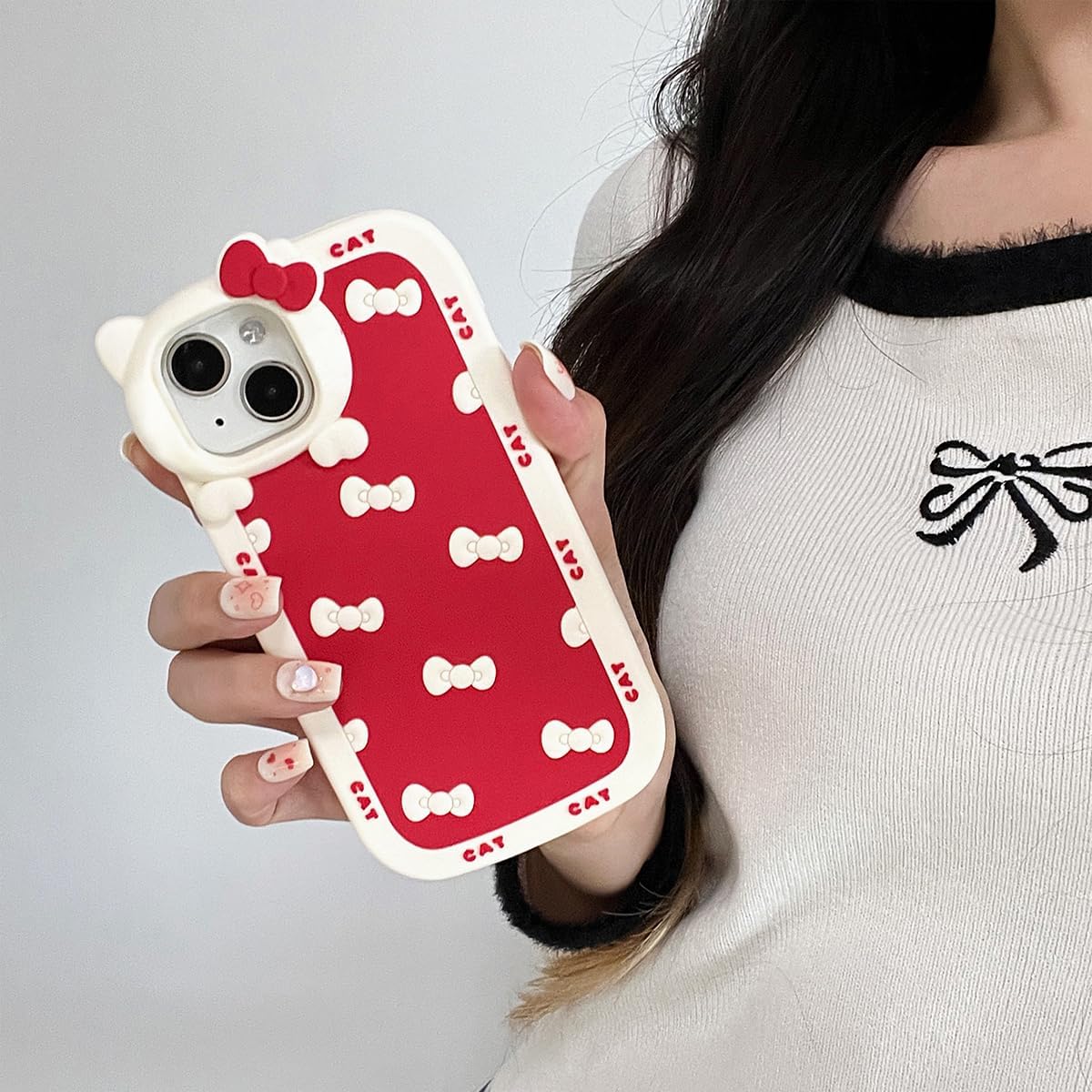 Cute Case for iPhone 13/14 6.1'', Red Kawaii Funny 3D Bow Cartoon Silicone Cat Phone case, Soft Shockproof Classic Protective Cover for Women Girls, and Kids(Red, for iPhone 13/14) image 2
