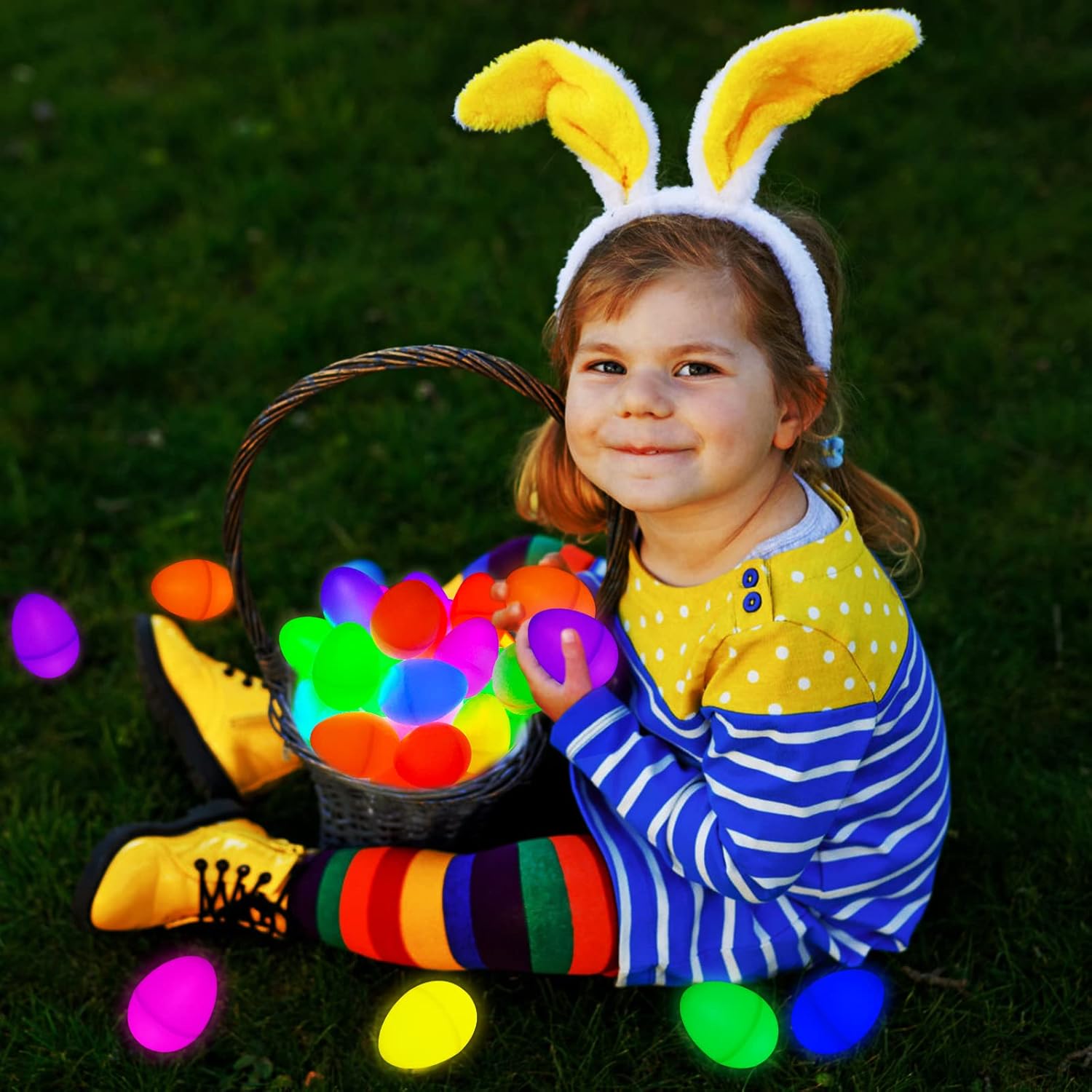 MGparty Glow in The Dark Easter Egg Hunt Set - 36 Fillable Plastic Eggs with 72 Mini Glow Sticks for Kids - Easter Basket Stuffers, Party Favors, Classroom Prizes, and Game Supplies