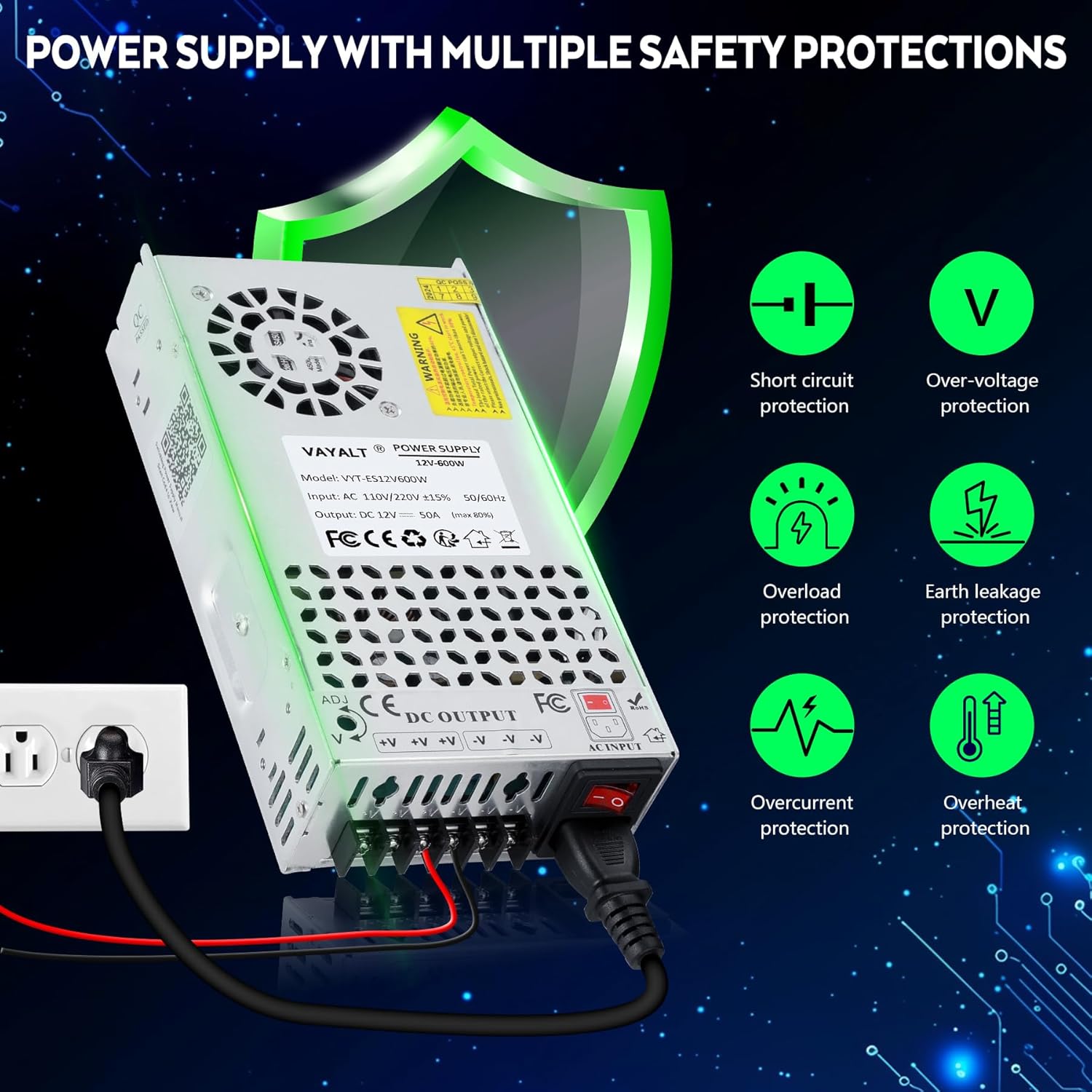 VAYALT DC 12V 50A 600W Switching Power Supply, 110V/220V AC to DC Converter, Universal Regulated Switching, 12V Power Supply for CCTV Camera System, 3D Printer, LED Strip, Computer Project - Image 4